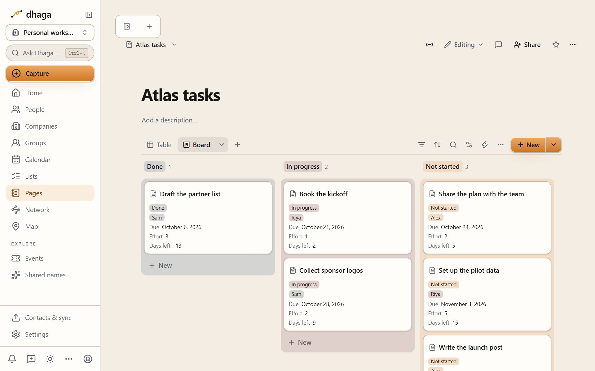 The same database as a board grouped by status