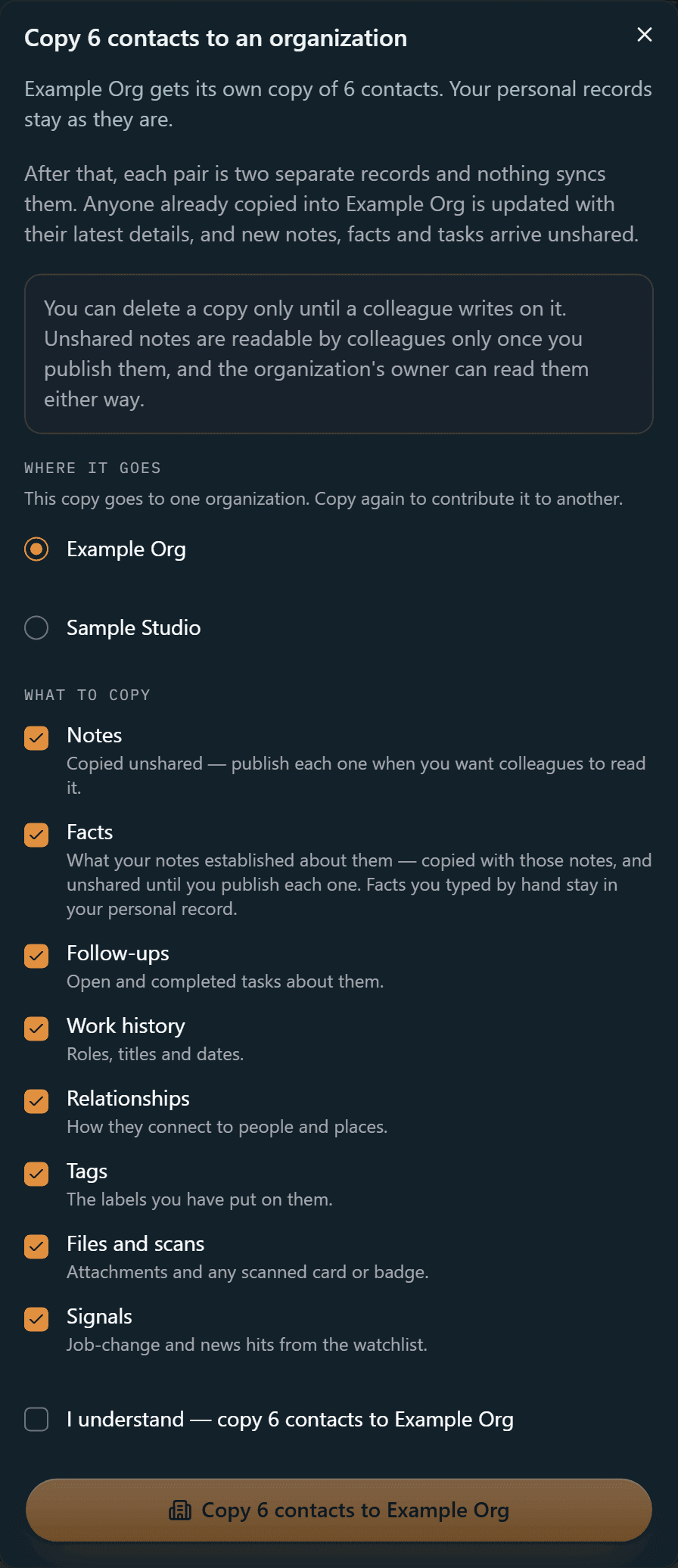 The Copy to organization dialog for six contacts: an explanation that Example Org gets its own copy and your records stay as they are, a choice between Example Org and Sample Studio, the eight things to copy all ticked, an I understand checkbox, and a Copy 6 contacts to Example Org button