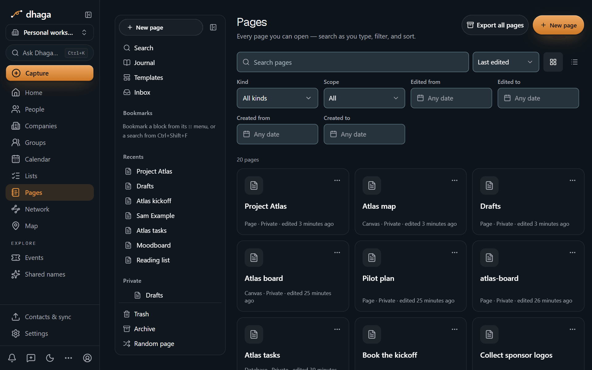 The Pages home listing every page as cards, with search and filters above