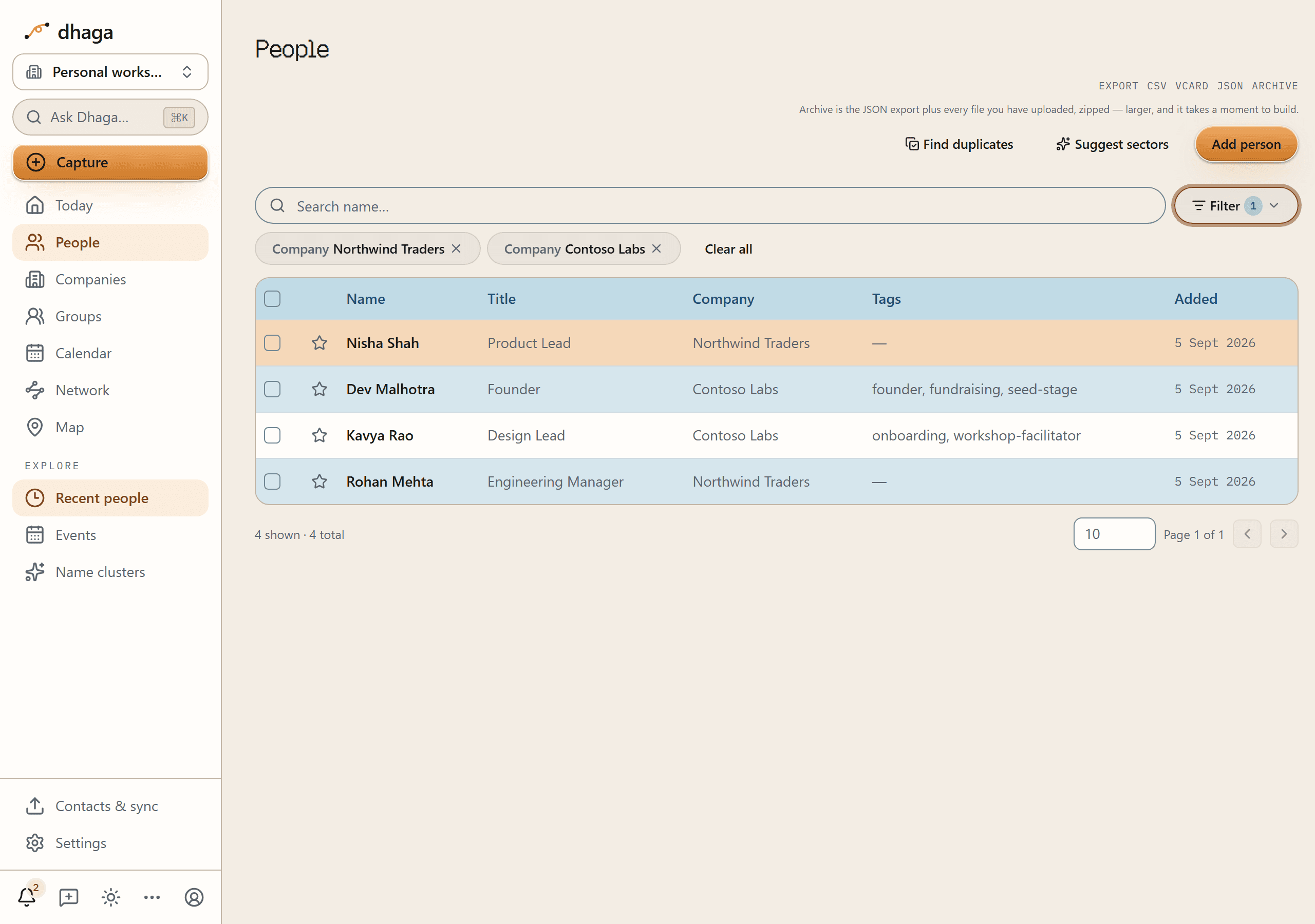 The People table filtered to two Company chips, Northwind Traders and Contoso Labs, with a Clear all button beside them and four matching people in the table below