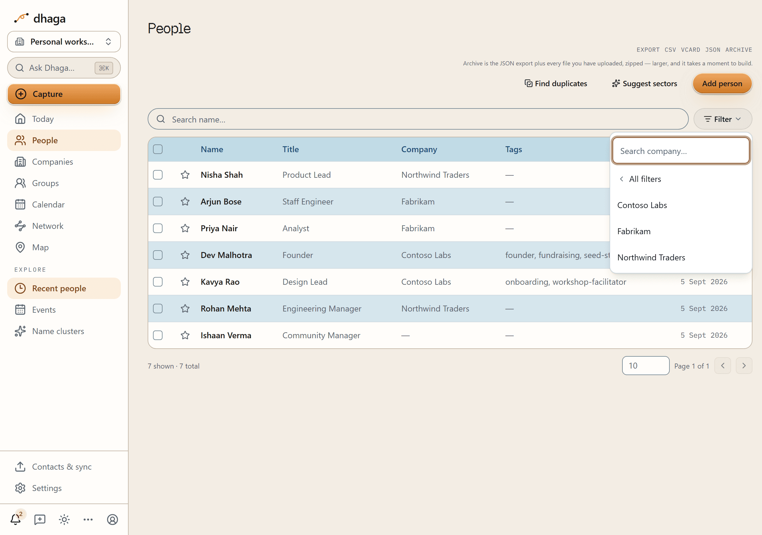 The People table with the Filter popover open on its value step: a Search company box, an All filters row back to the field list, and the companies to tick underneath
