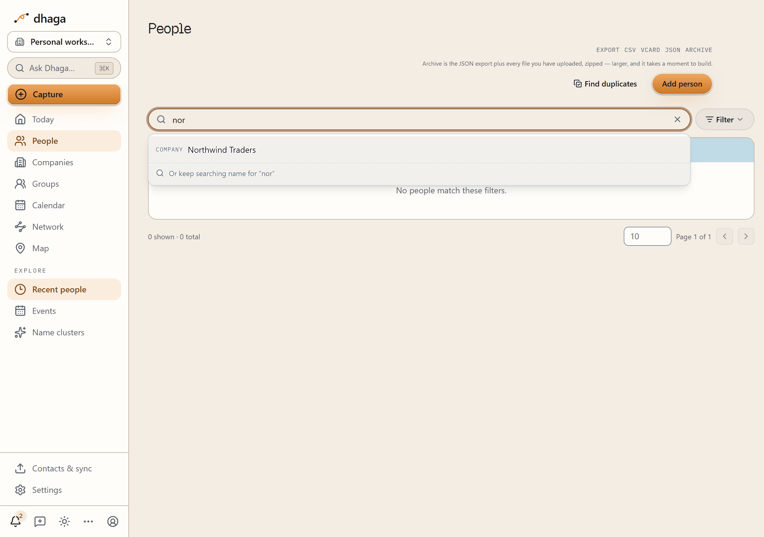 The People search box with “nor” typed, offering a COMPANY suggestion for Northwind Traders above a line reading “Or keep searching name for nor”