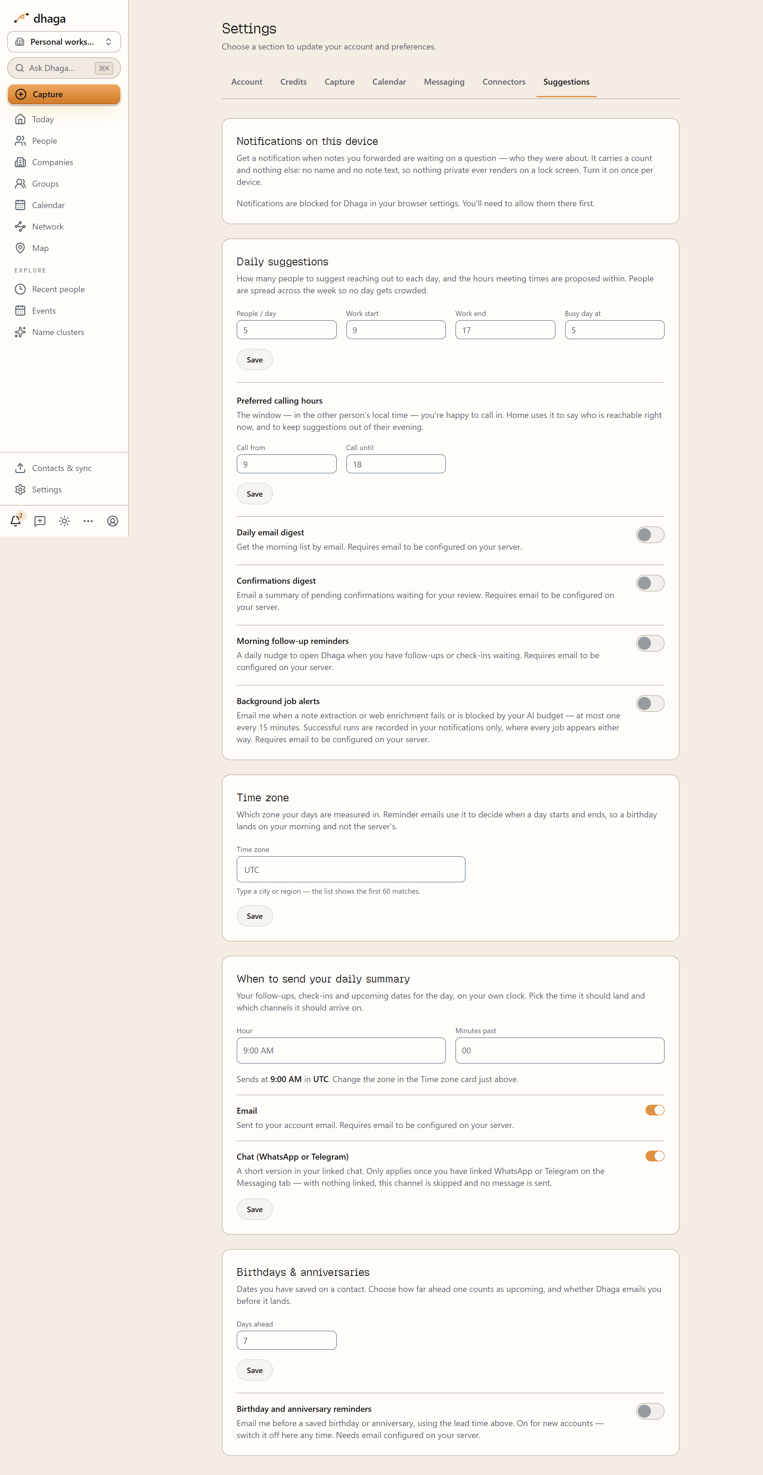 The whole Suggestions tab: Notifications on this device, a Daily suggestions card with People / day, Work start, Work end and Busy day at, Preferred calling hours, the Daily email digest, Confirmations digest, Morning follow-up reminders and Background job alerts switches, a Time zone card, the "When to send your daily summary" card with Hour, Minutes past and Email and Chat switches, and a Birthdays & anniversaries card with a Days ahead field