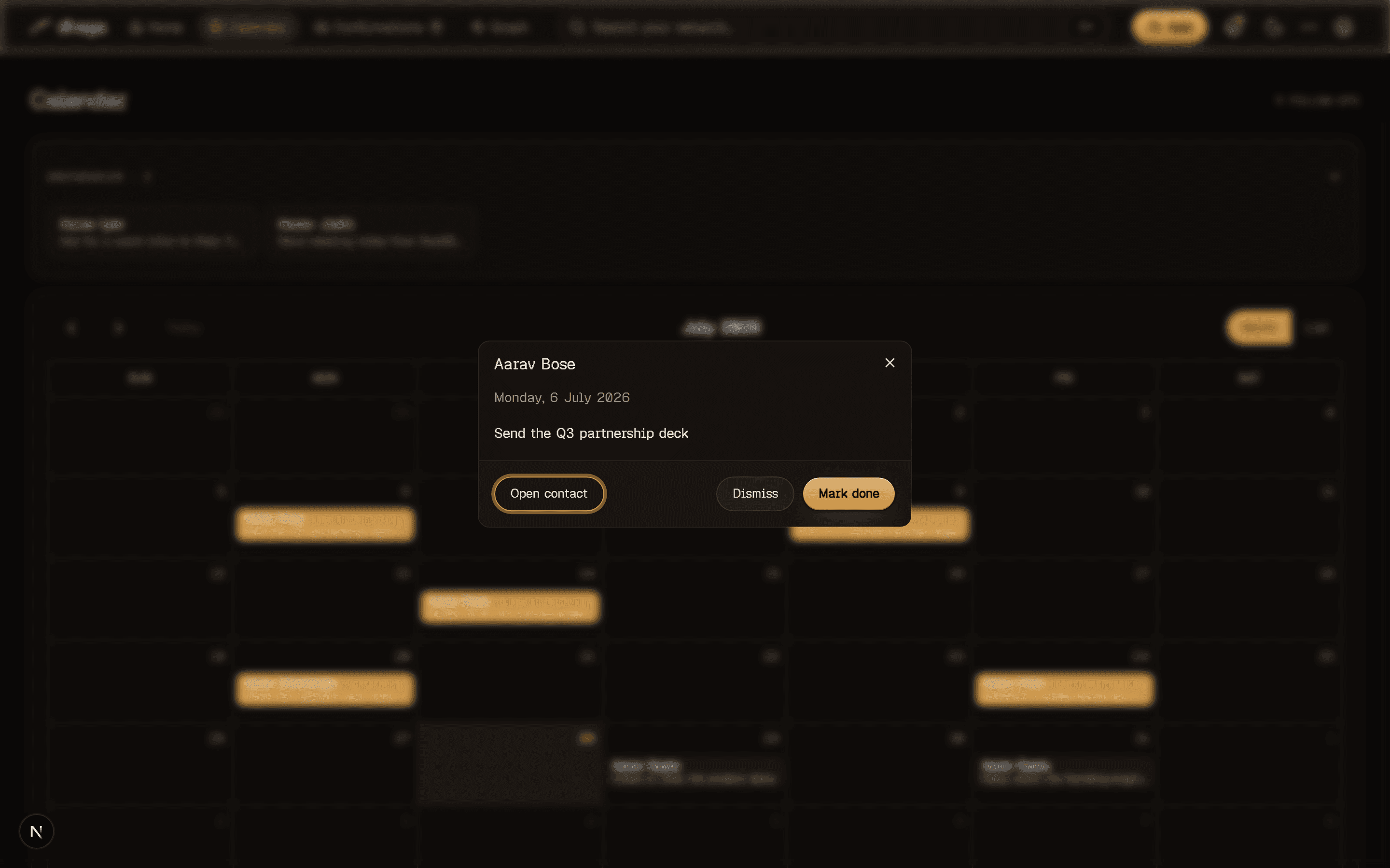 A follow-up's details dialog opened from the calendar