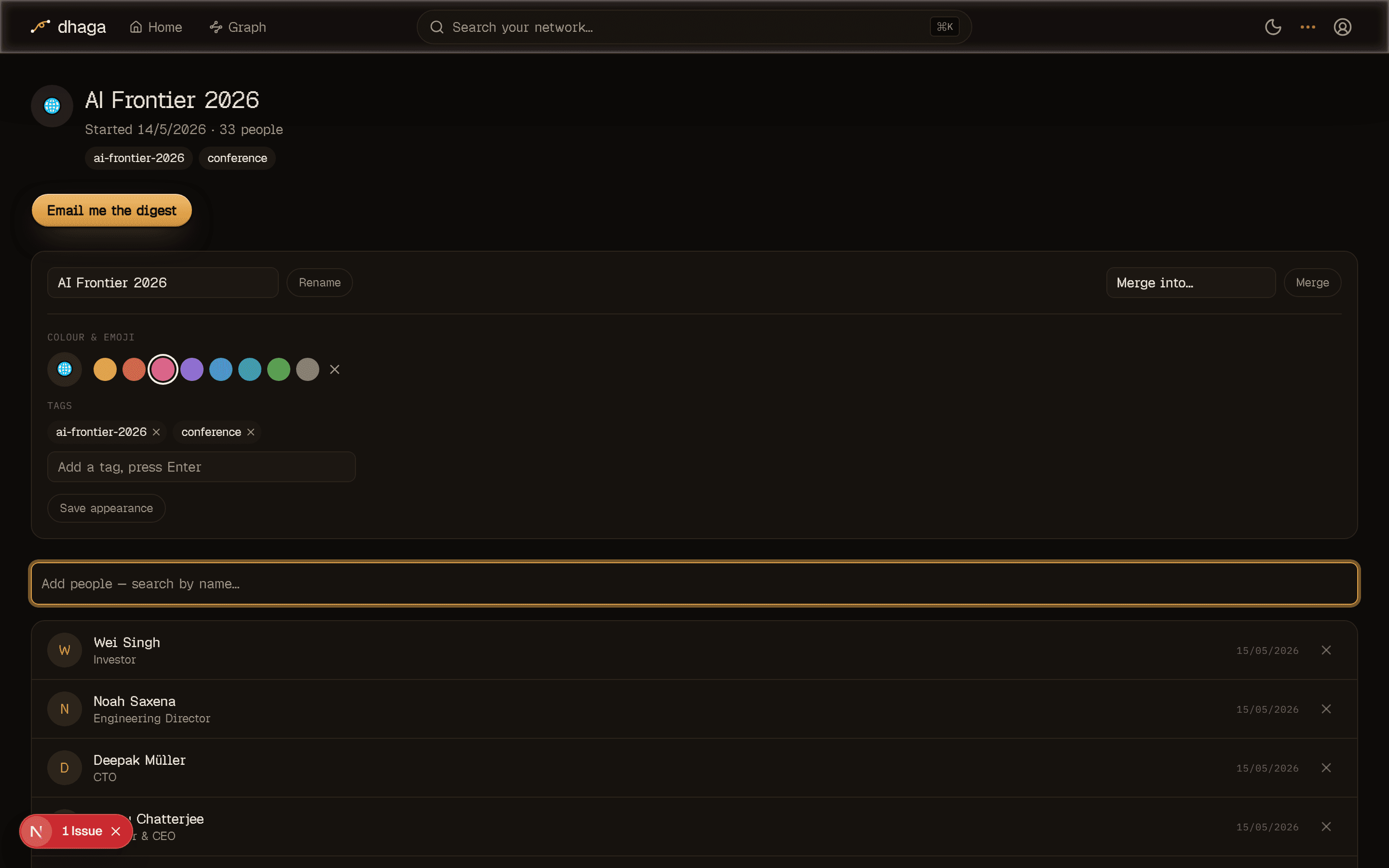 An event detail page showing its people roster and an Add people search box