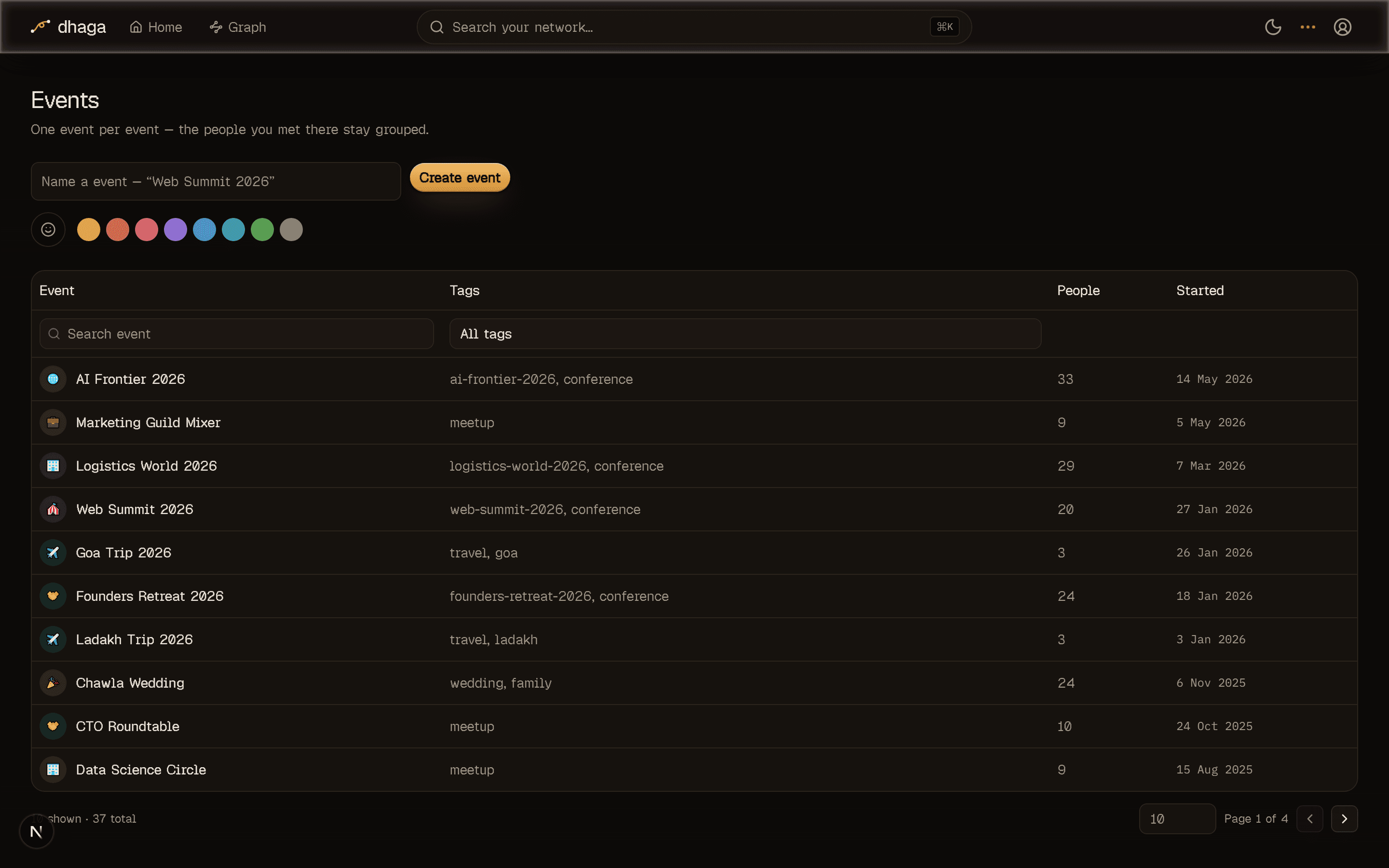 The events page with an inline create-event form showing an emoji and colour-swatch picker, above a table of existing events