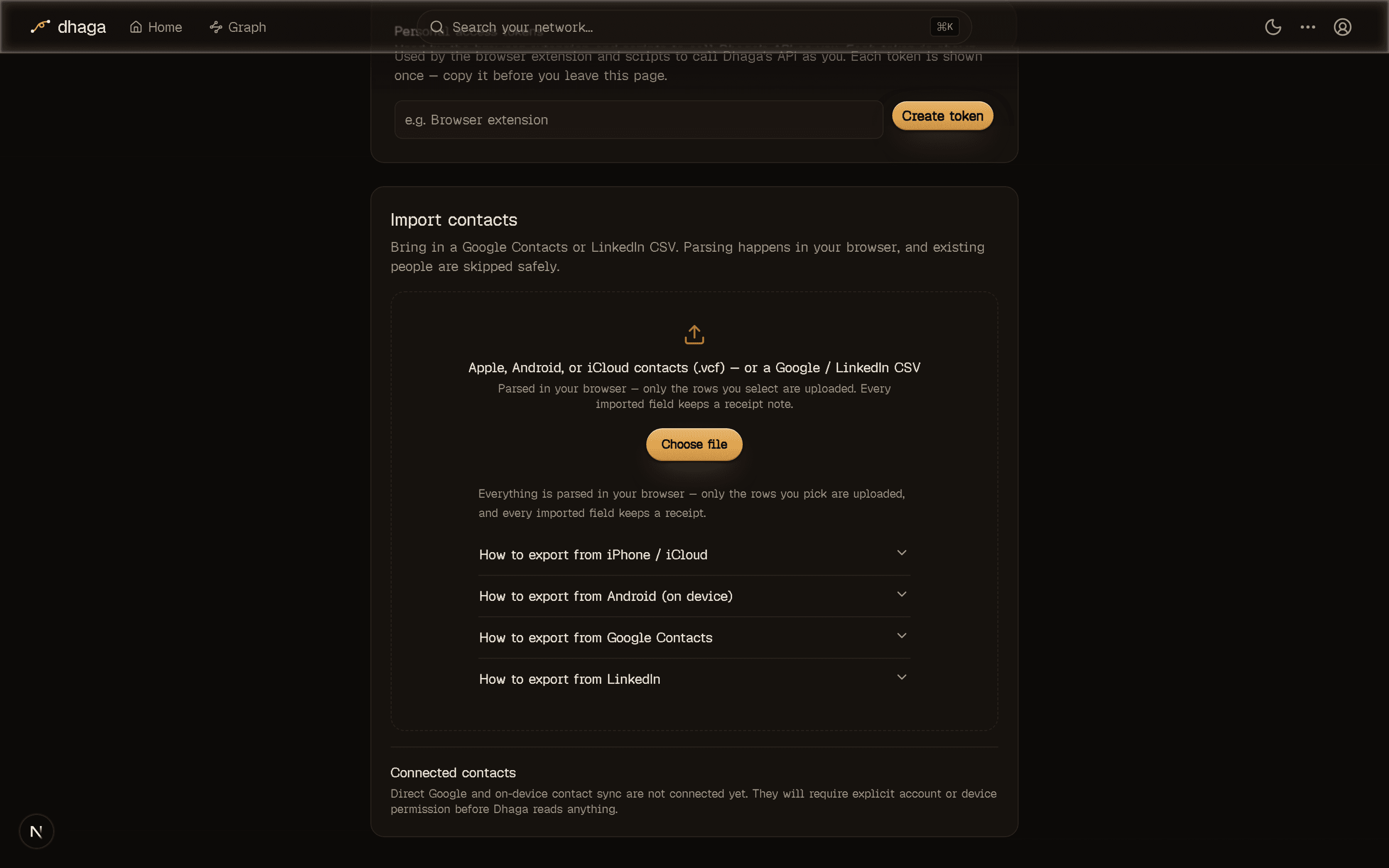 Dhaga's Import contacts screen: a drop area for a .vcf or CSV file, a Choose file button, and collapsible per-source export instructions