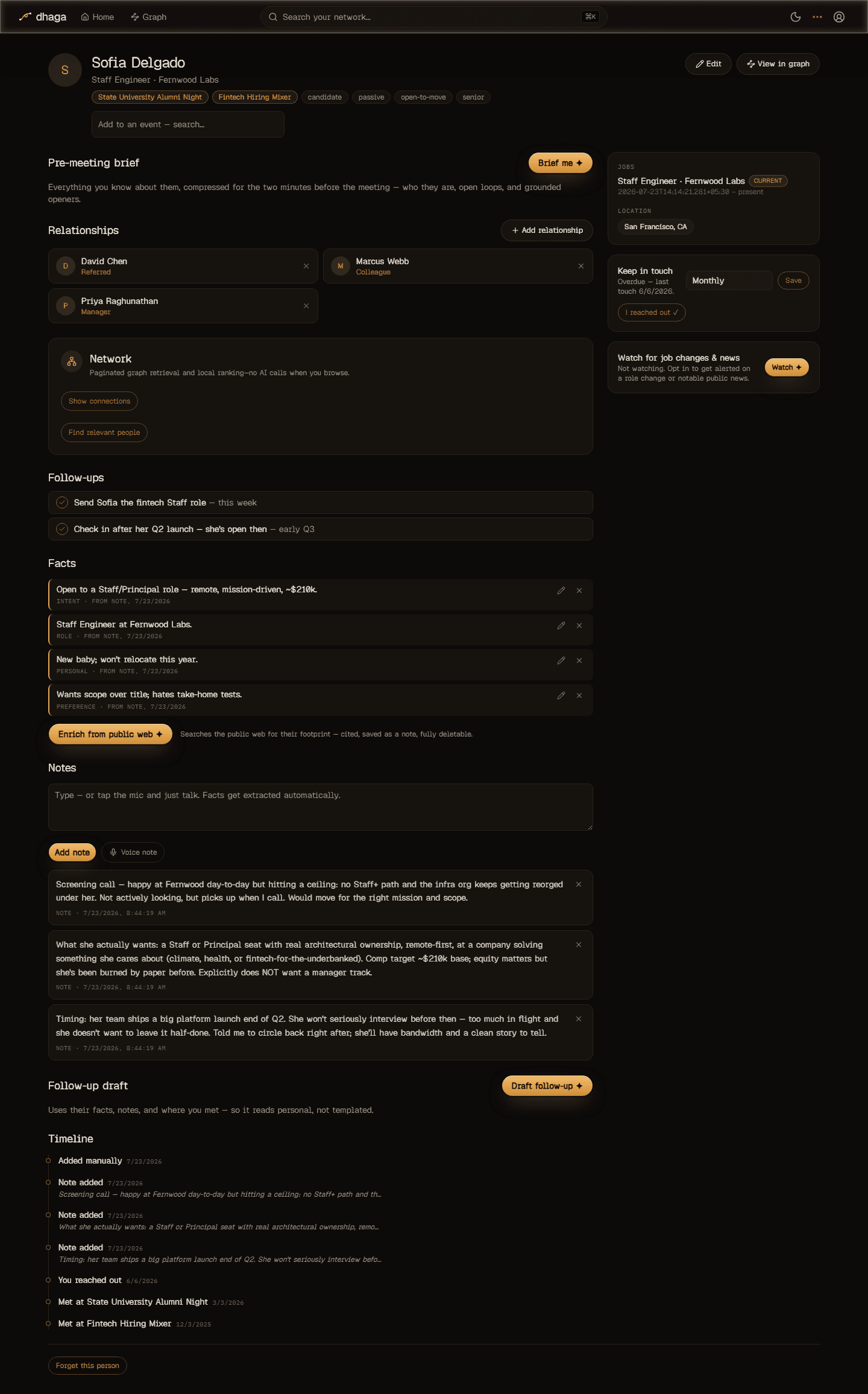 Sofia Delgado's profile in Dhaga — facts with receipts, notes, follow-ups, relationships, and keep-in-touch cadence.