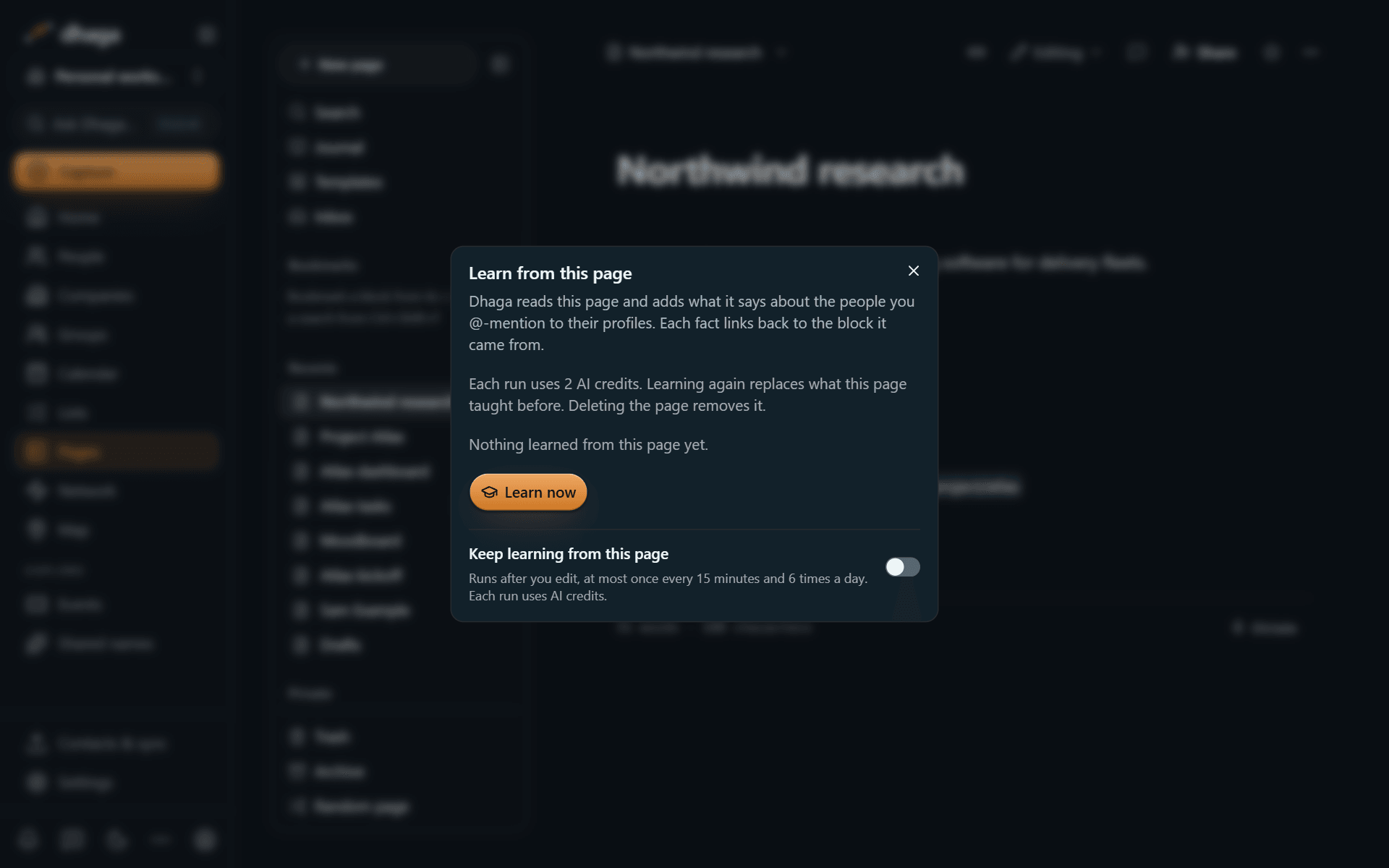 The Learn from this page dialog with the credit cost and the auto toggle off