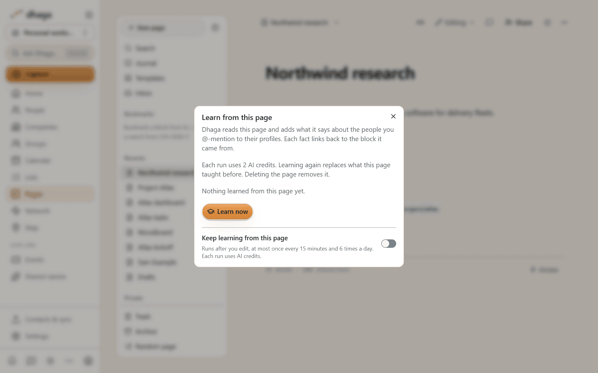 The Learn from this page dialog with the credit cost and the auto toggle off