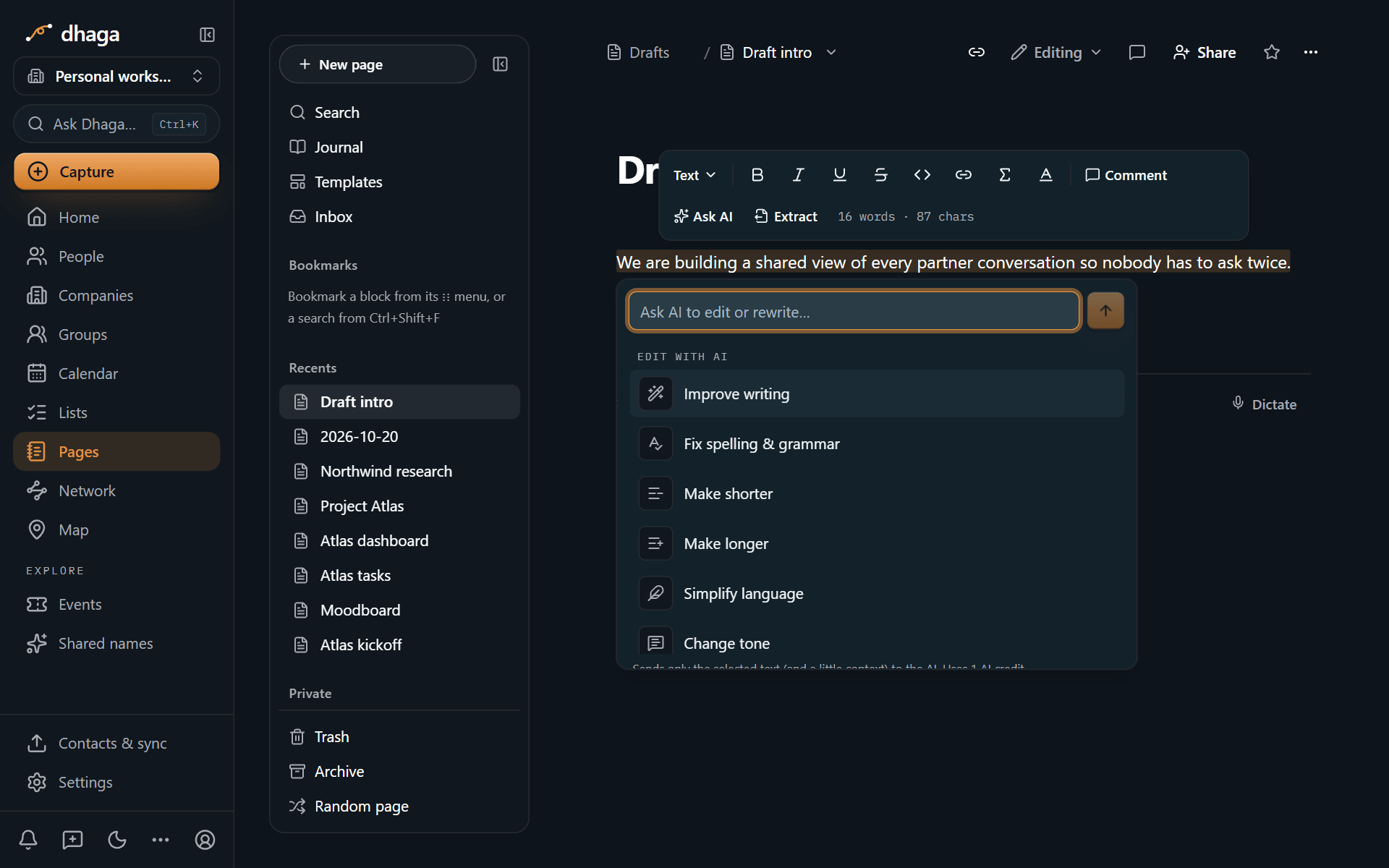 The AI menu over a selected paragraph with Improve writing, Fix spelling and grammar, and more