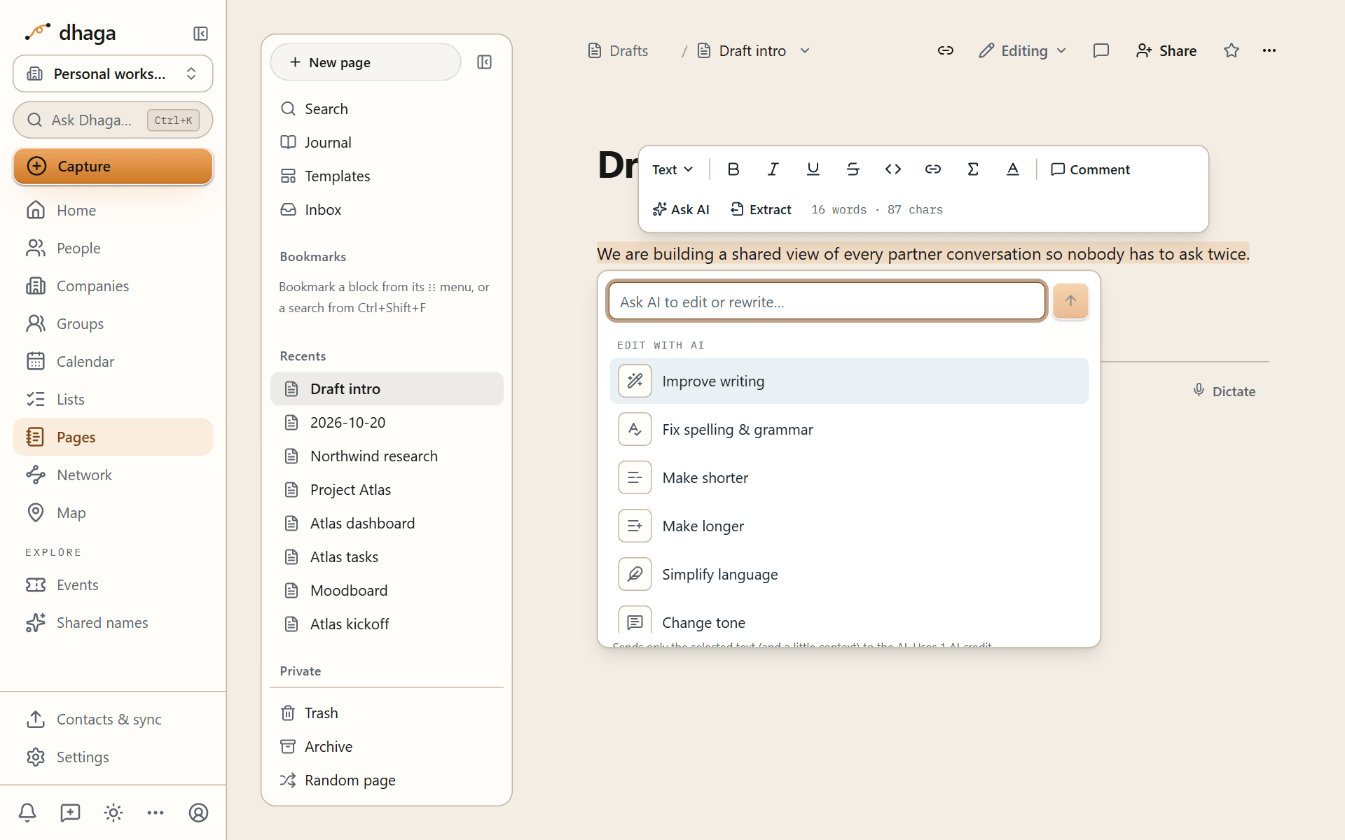 The AI menu over a selected paragraph with Improve writing, Fix spelling and grammar, and more