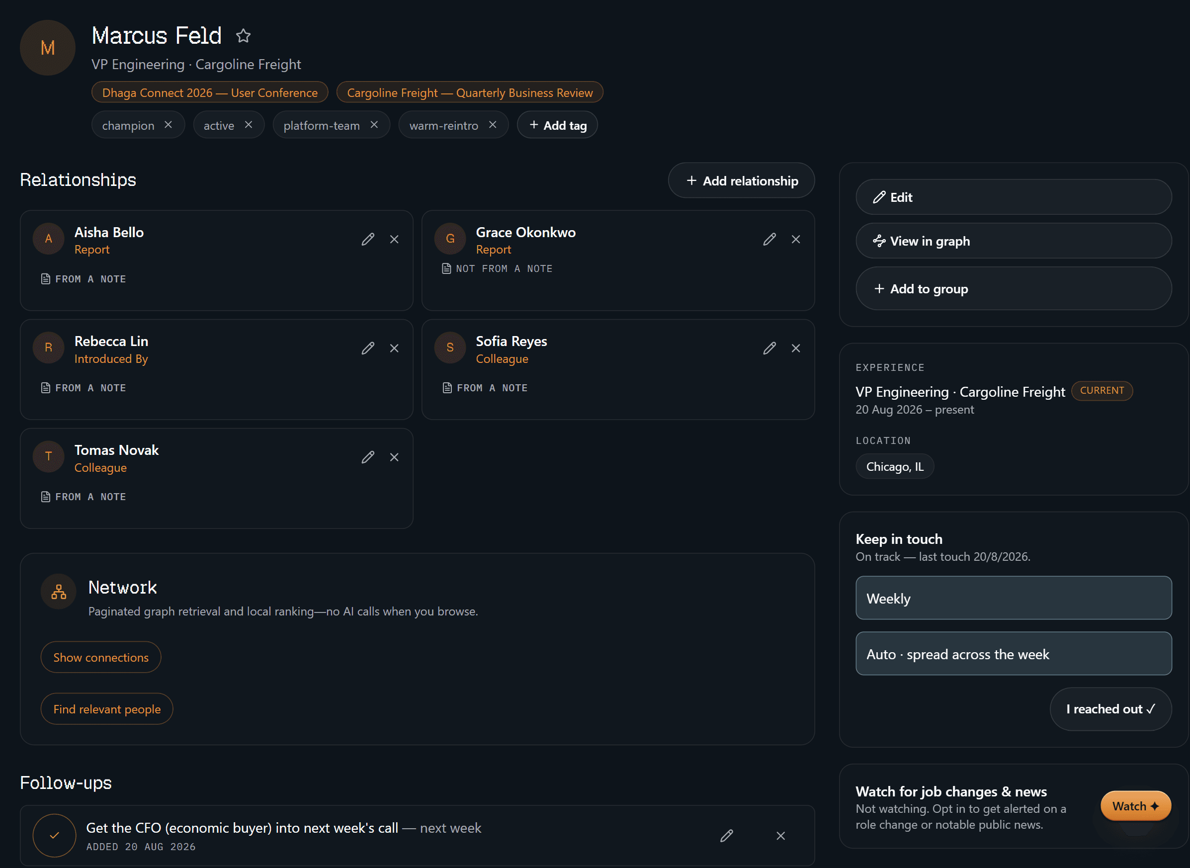 The top of Marcus's profile — title, the events you met at, tags, his relationships, and the cadence and watch controls down the right.