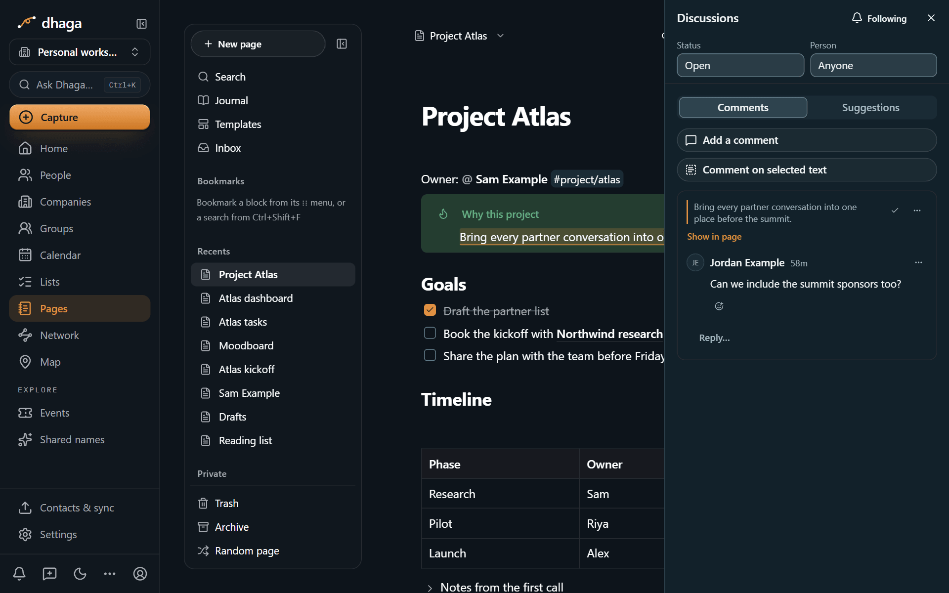The Discussions panel with an inline comment on the highlighted text