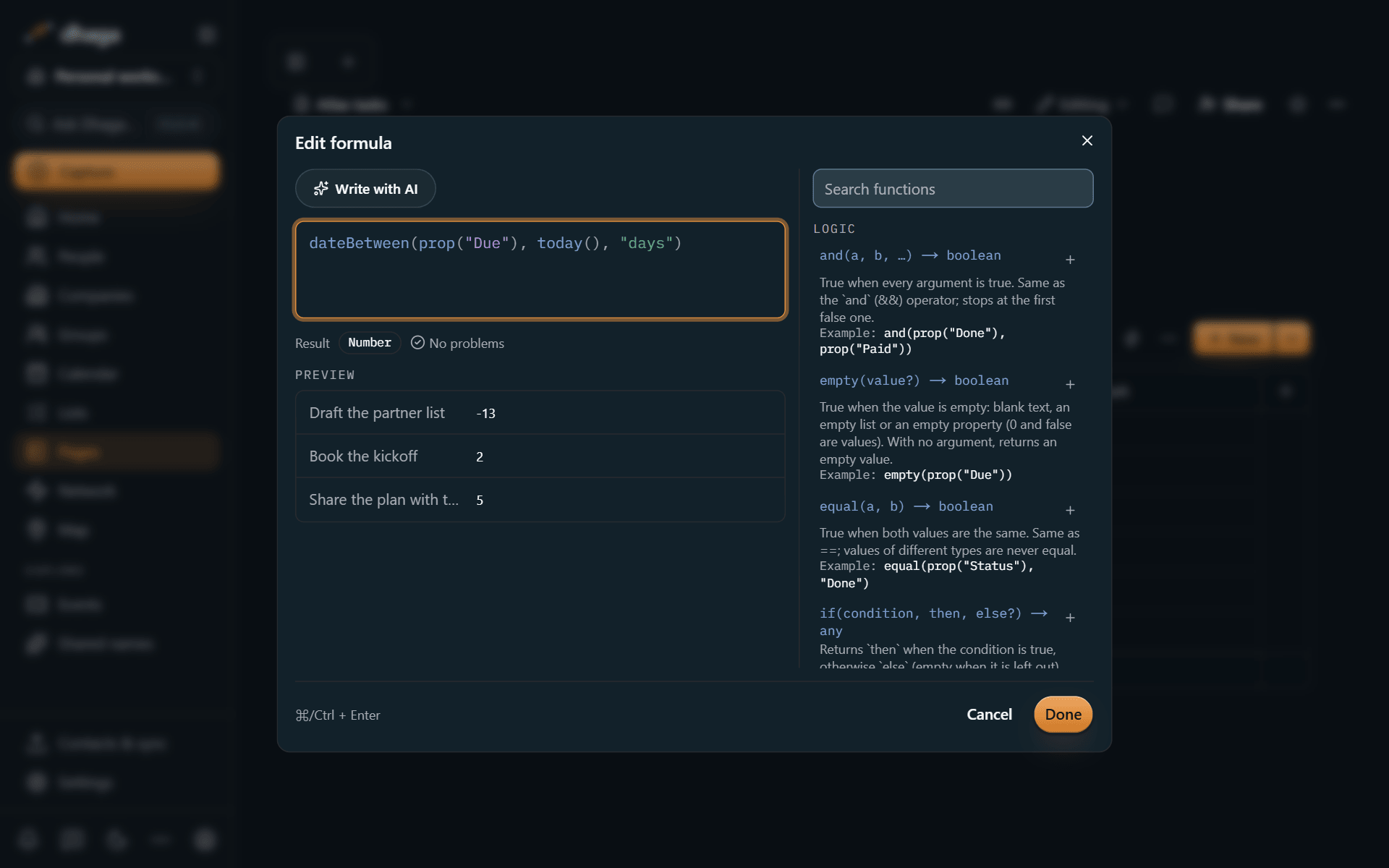 The formula editor with a formula, its live result and the function list