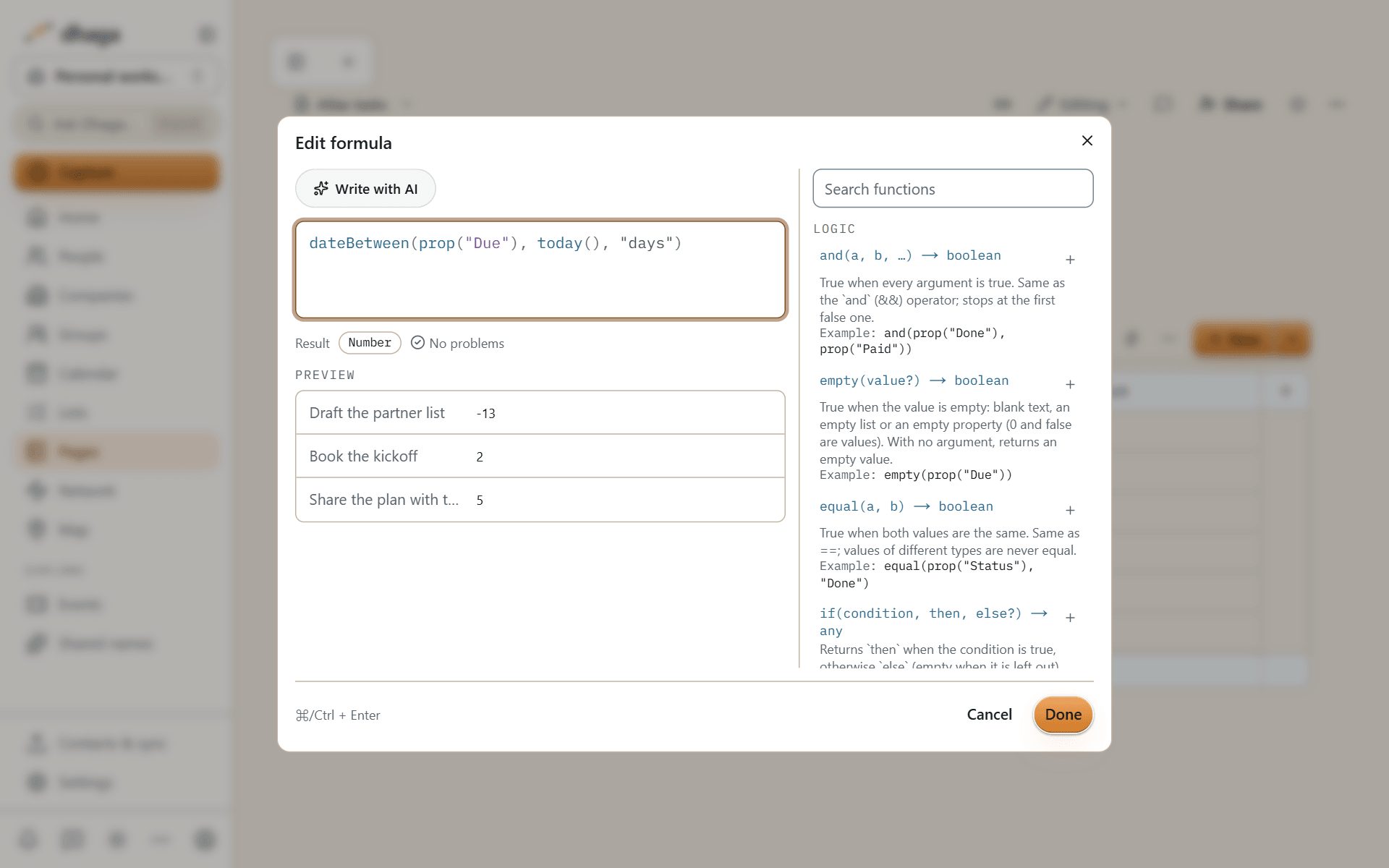 The formula editor with a formula, its live result and the function list