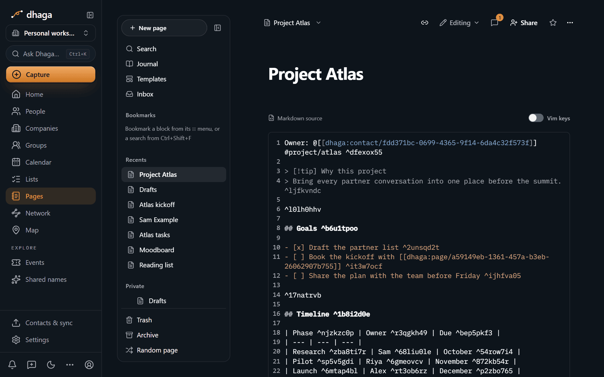 The same page in source mode, showing its Markdown with wikilinks and a callout
