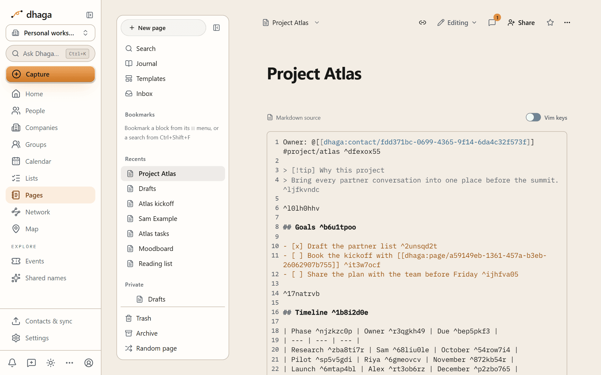 The same page in source mode, showing its Markdown with wikilinks and a callout