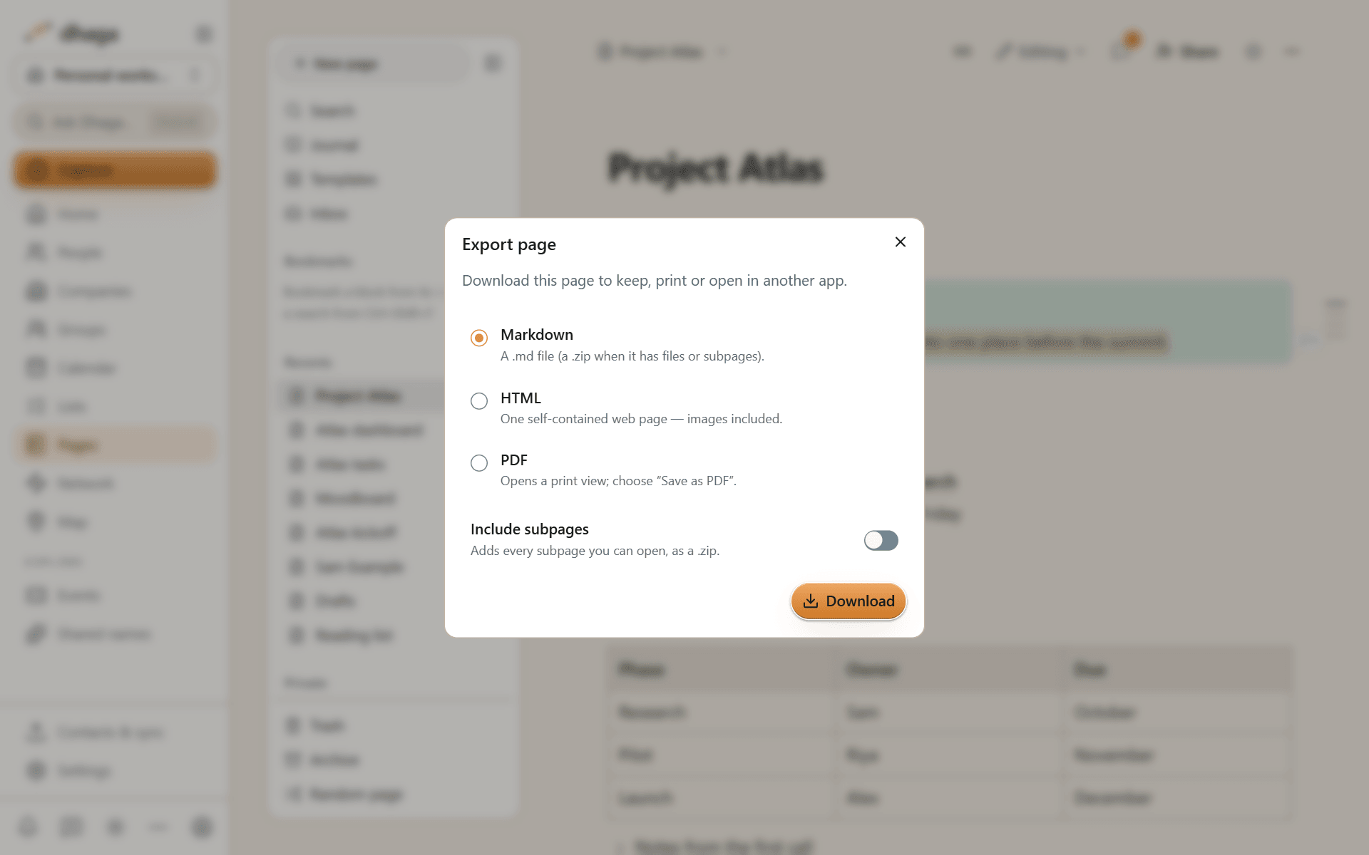 The export dialog with Markdown, HTML and PDF, and an option to include subpages
