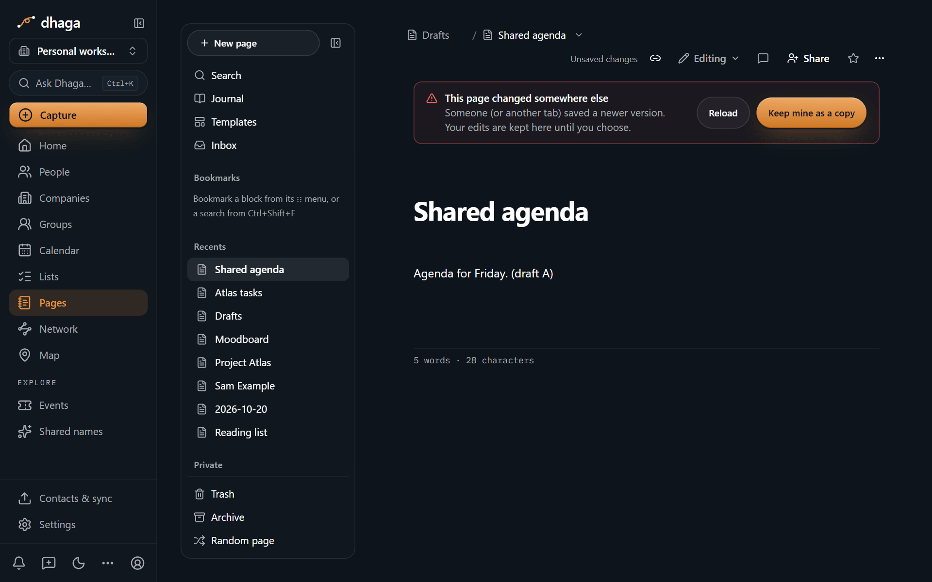 The banner that says the page changed somewhere else, with Reload and Keep mine as a copy