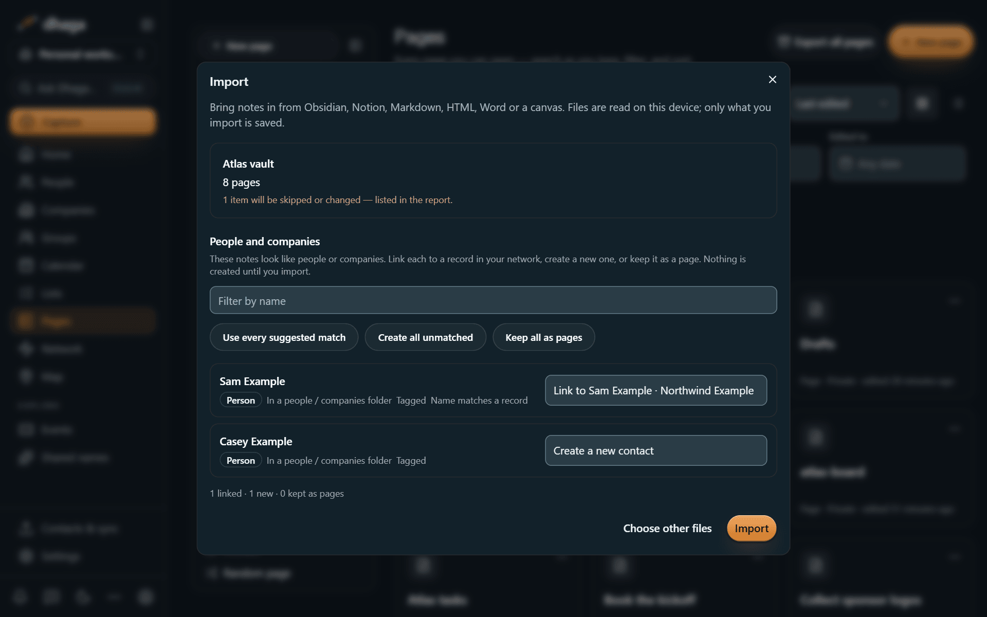 The CRM matching review mapping person notes to existing contacts, new contacts or pages