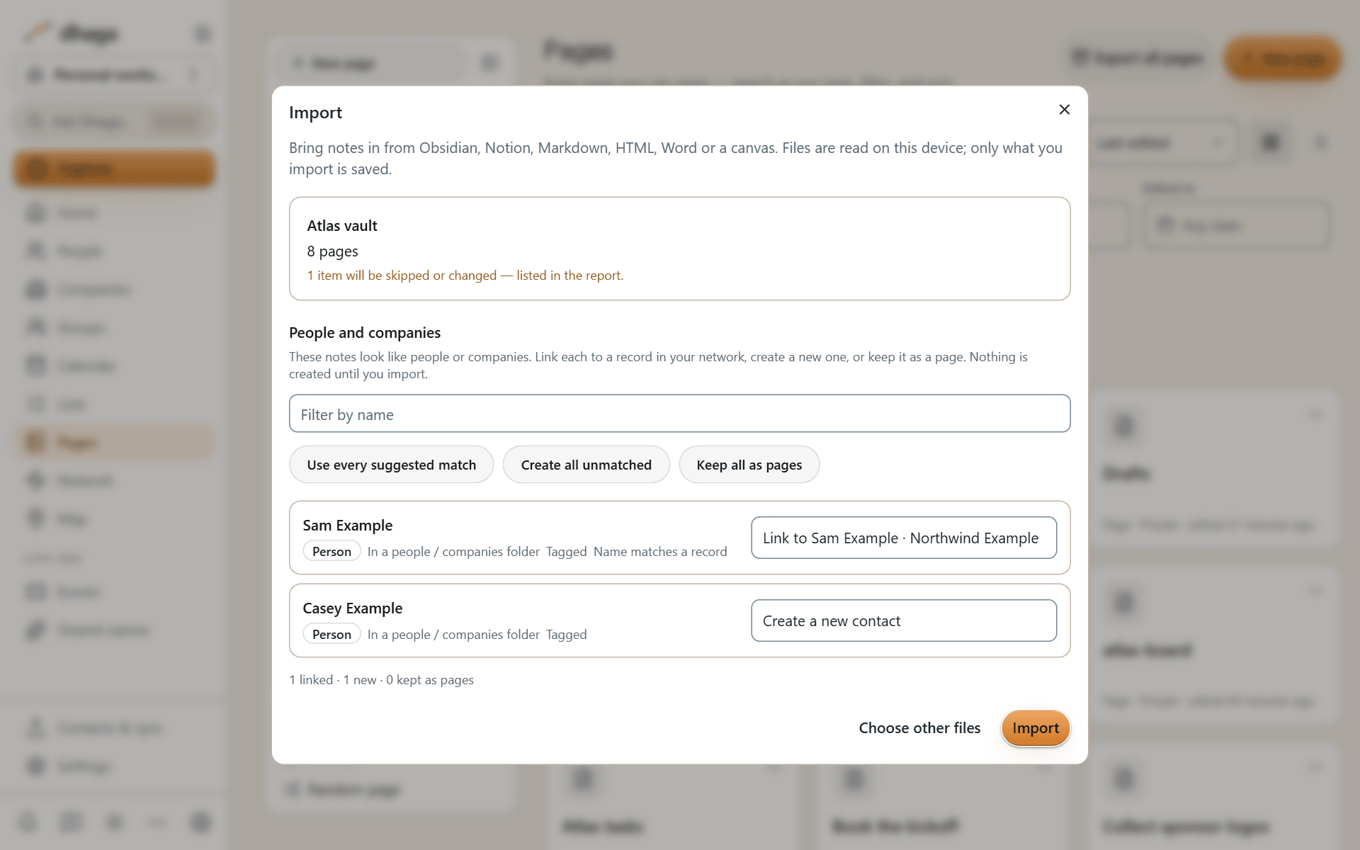 The CRM matching review mapping person notes to existing contacts, new contacts or pages