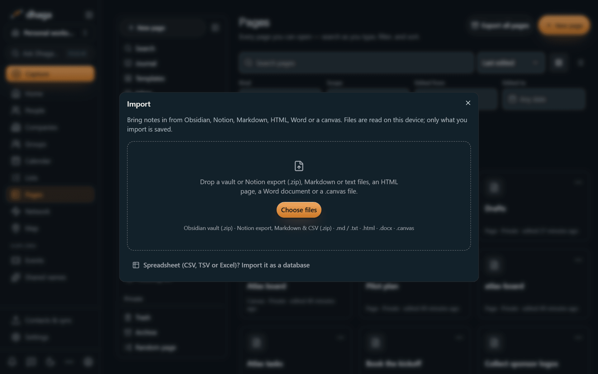 The import screen listing Obsidian vault, Notion export, Markdown, HTML, CSV and Excel, Word and JSON Canvas
