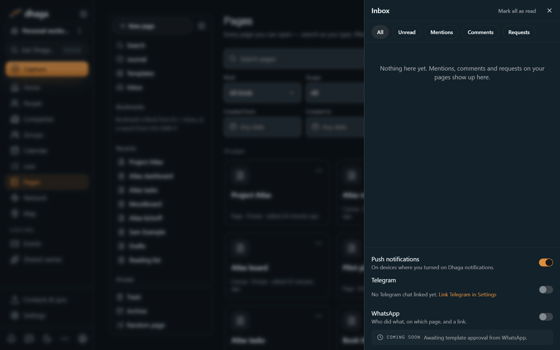 The Pages inbox with its filters, and the other places notifications can reach you