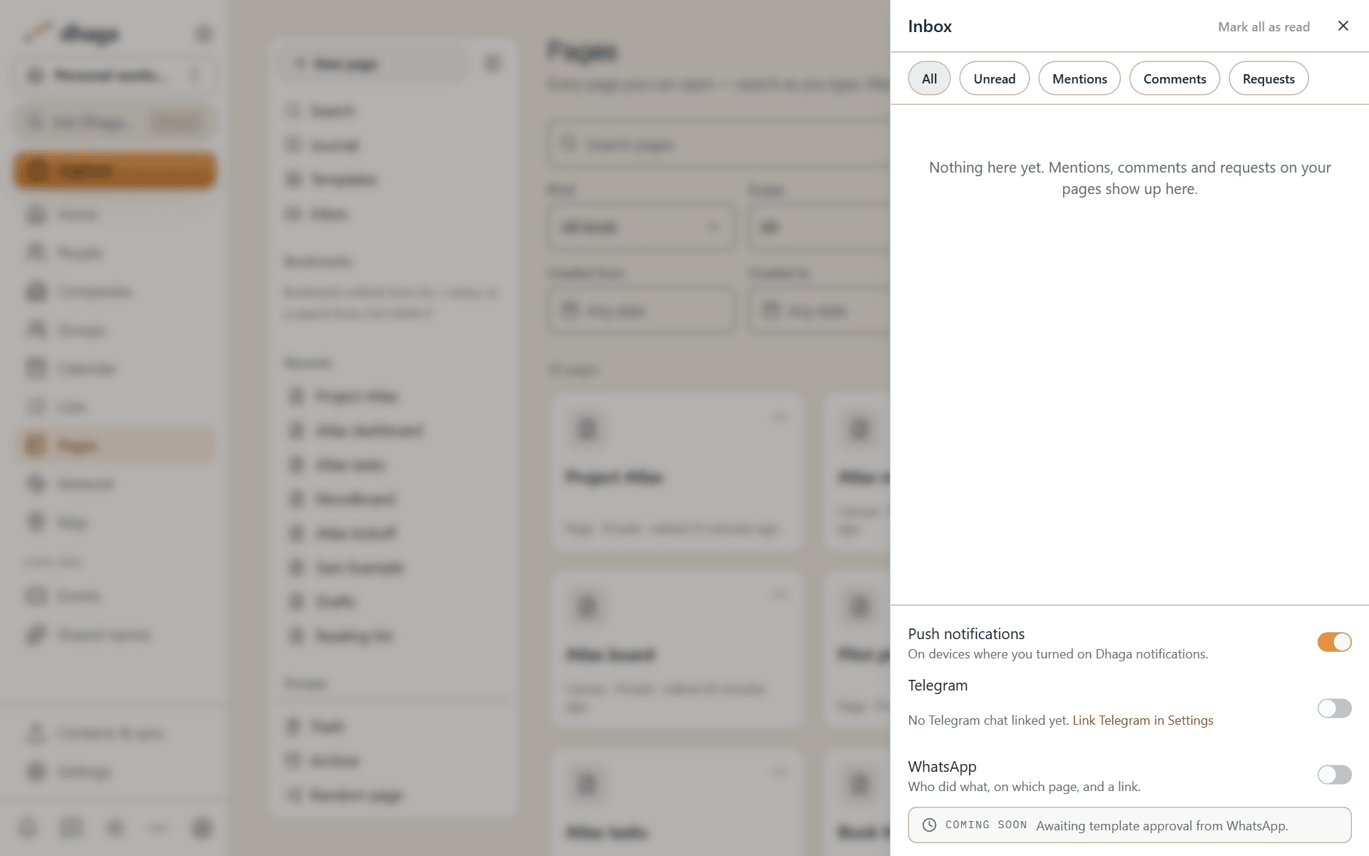 The Pages inbox with its filters, and the other places notifications can reach you