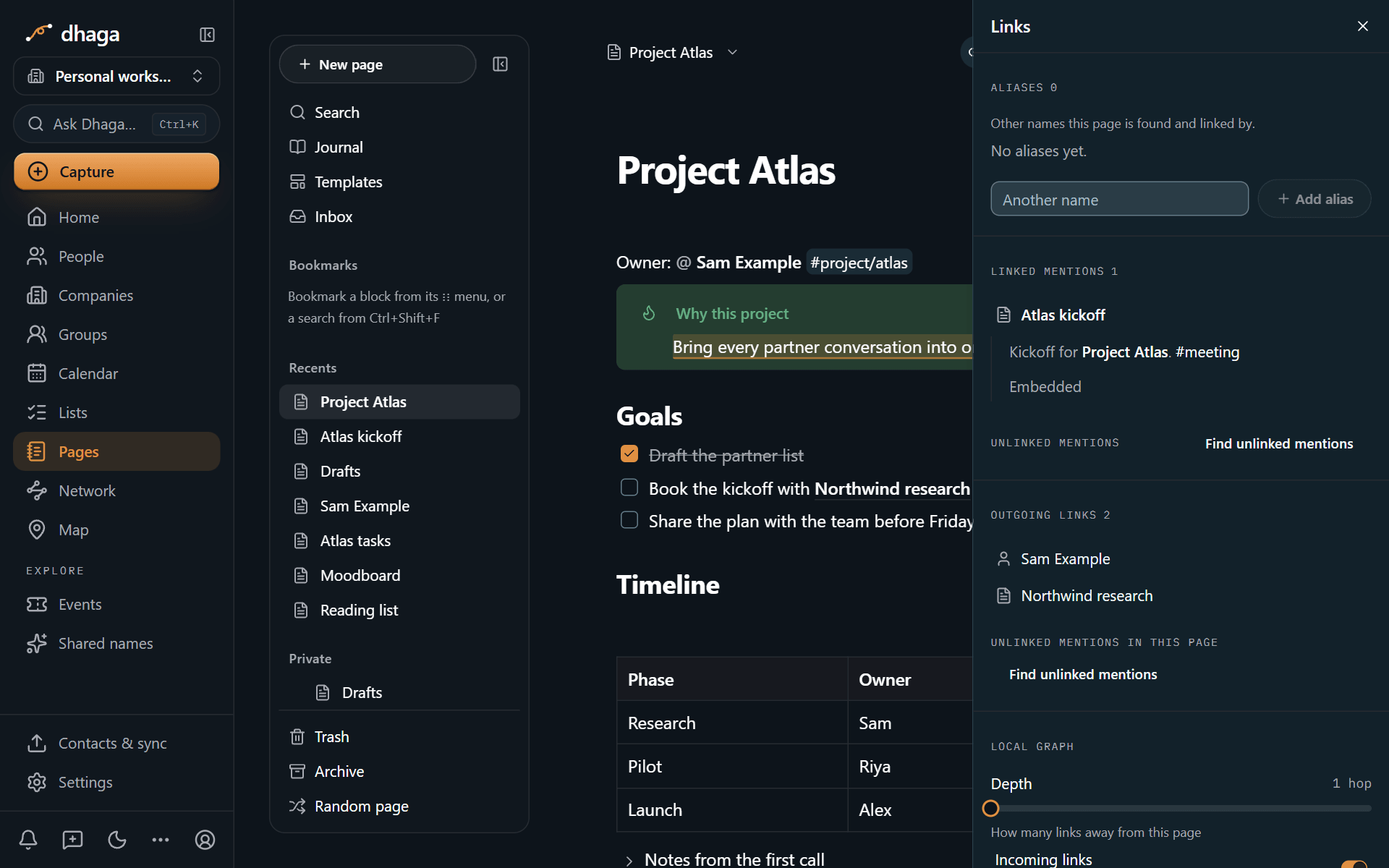 The Links panel listing the page's aliases, linked mentions and outgoing links