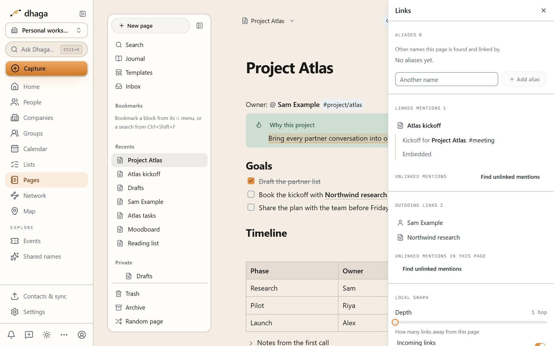 The Links panel listing the page's aliases, linked mentions and outgoing links