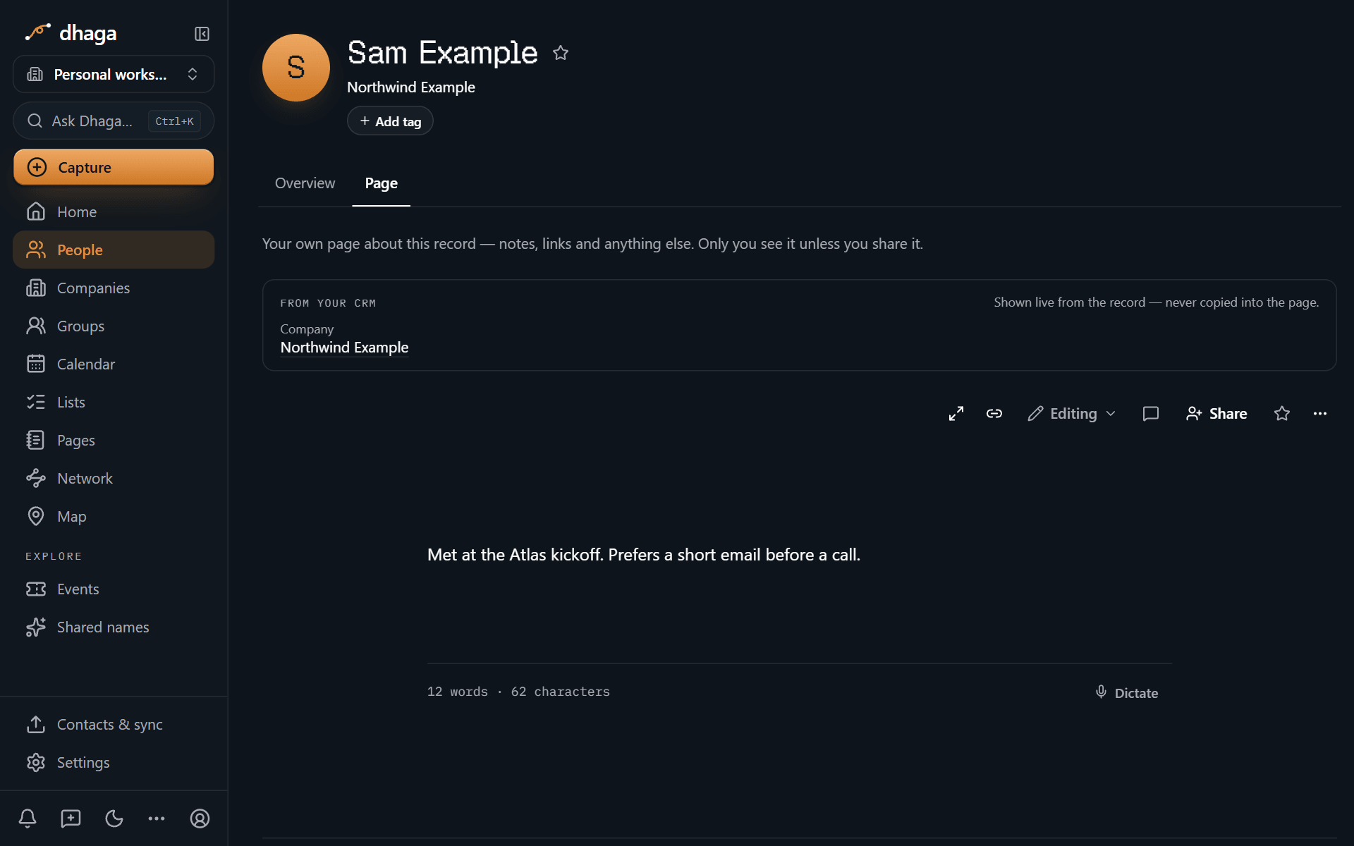 A contact's profile with the Page tab open, showing live CRM fields above the page