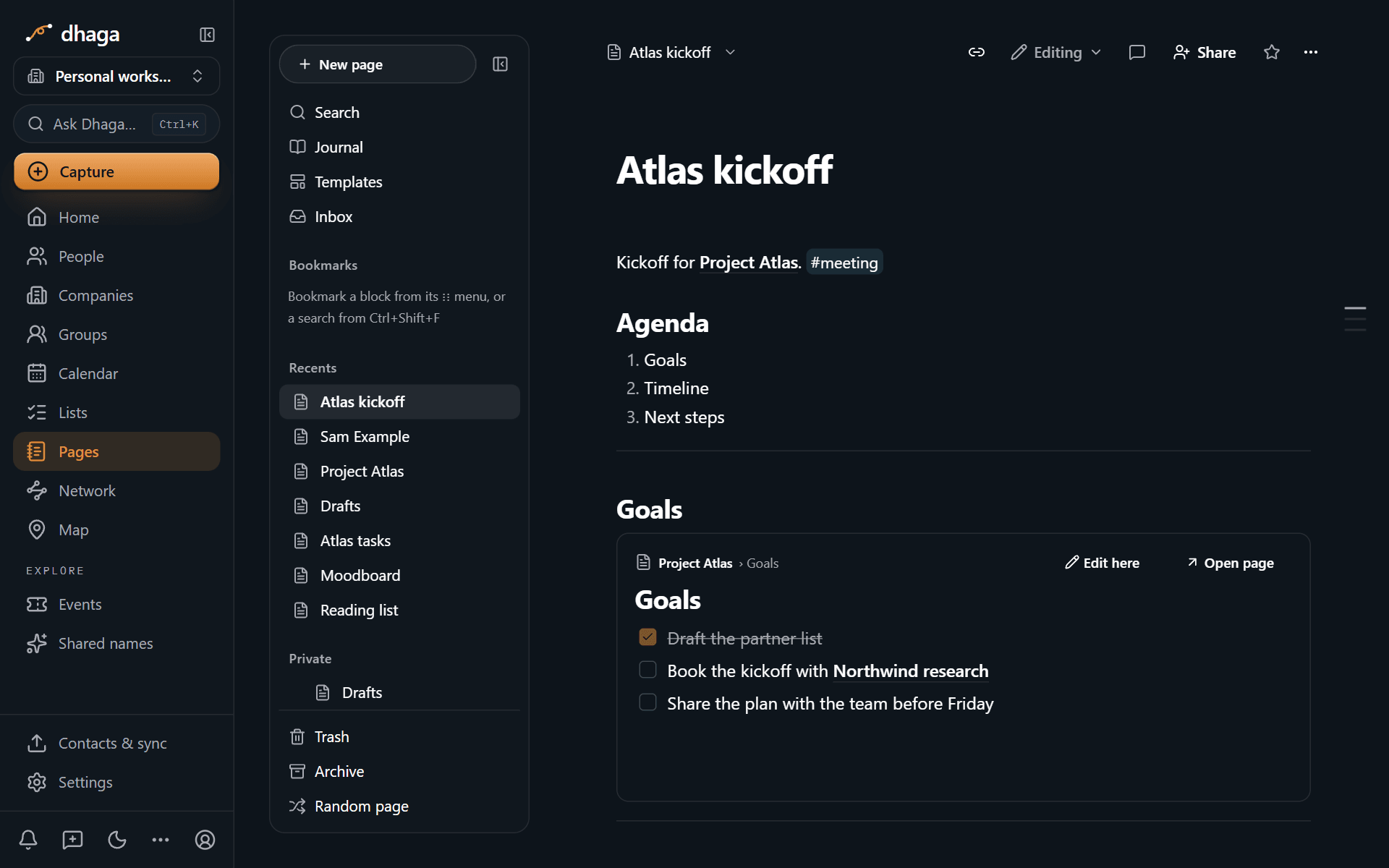 A synced block showing another page's Goals section inside the meeting notes