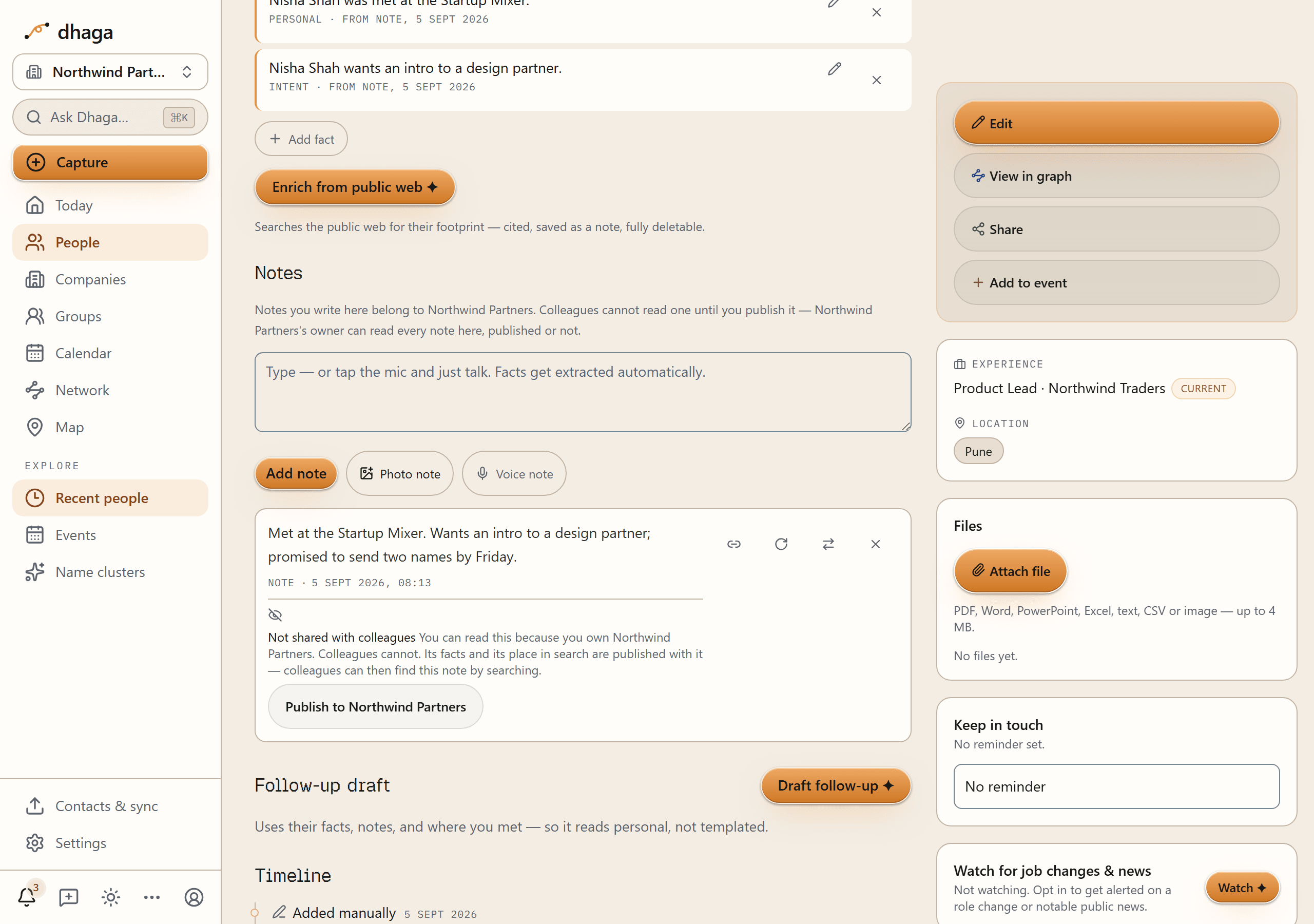A contact page inside an organization workspace: above the composer, a line saying notes written here belong to the organization and colleagues cannot read one until it is published; below, a saved note carrying a "Not shared with colleagues" bar that names the owner's access, and a Publish to the organization button