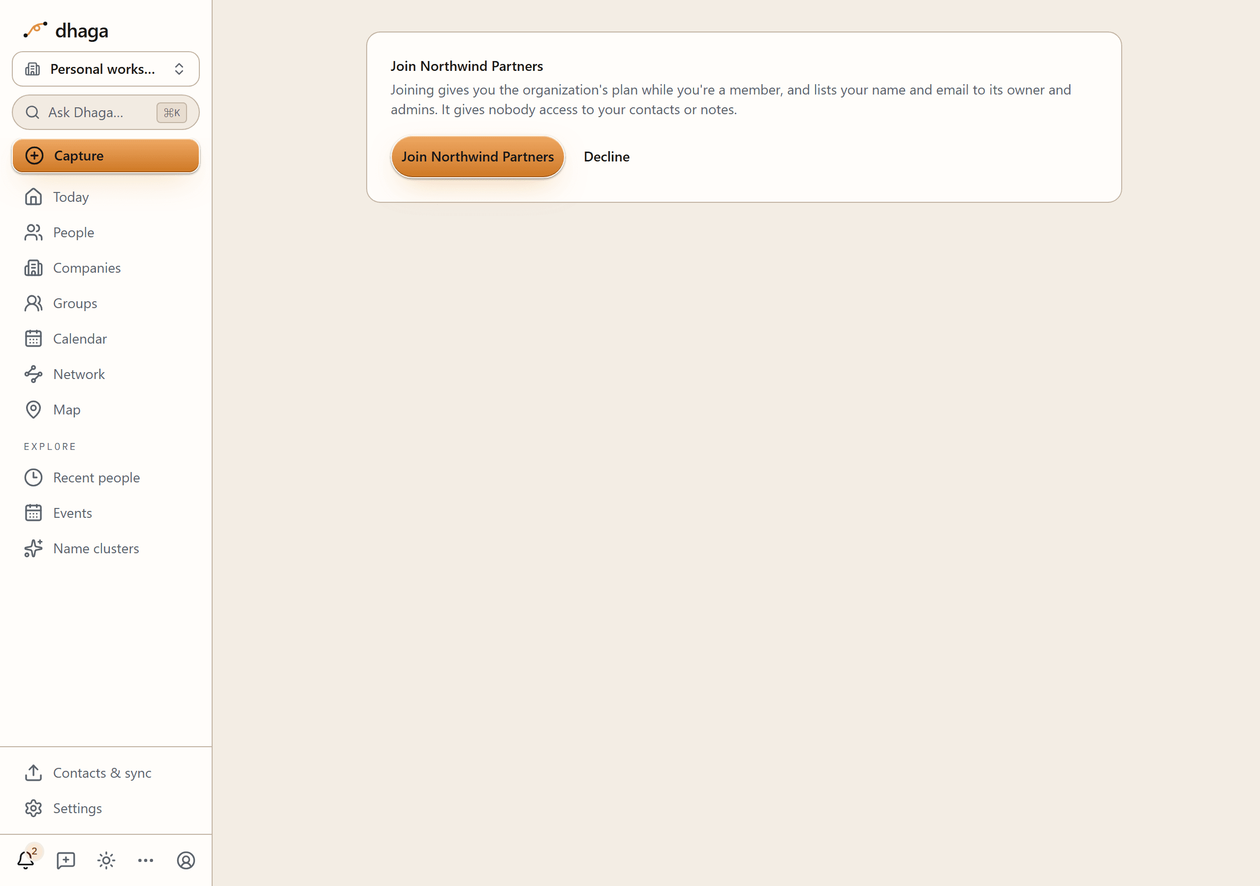 The invitation screen: a Join card naming the organization, a line explaining that joining gives you its plan and lists your name and email to its owner and admins but gives nobody access to your contacts or notes, and Join and Decline buttons