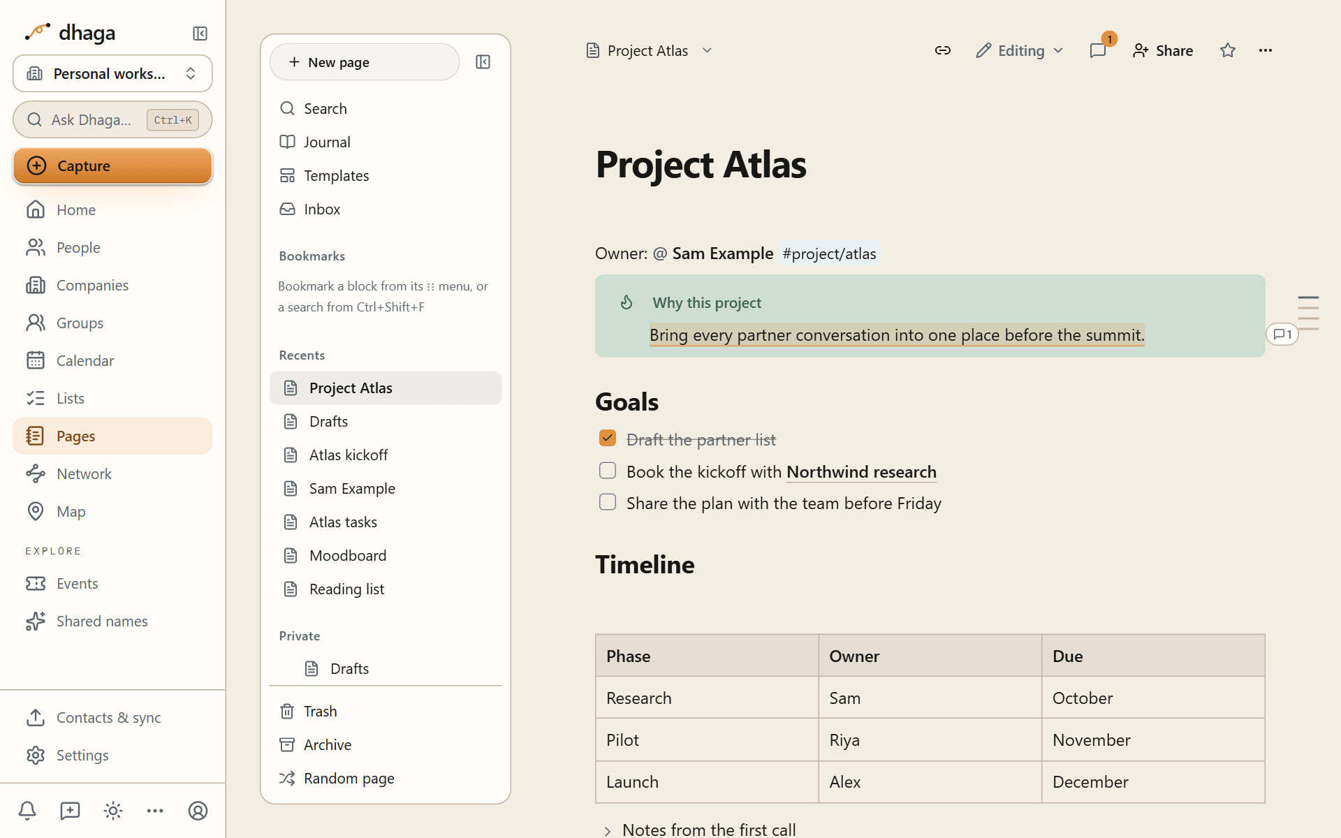 A page in Pages with the sidebar on the left, and a callout, to-dos and a table in the editor
