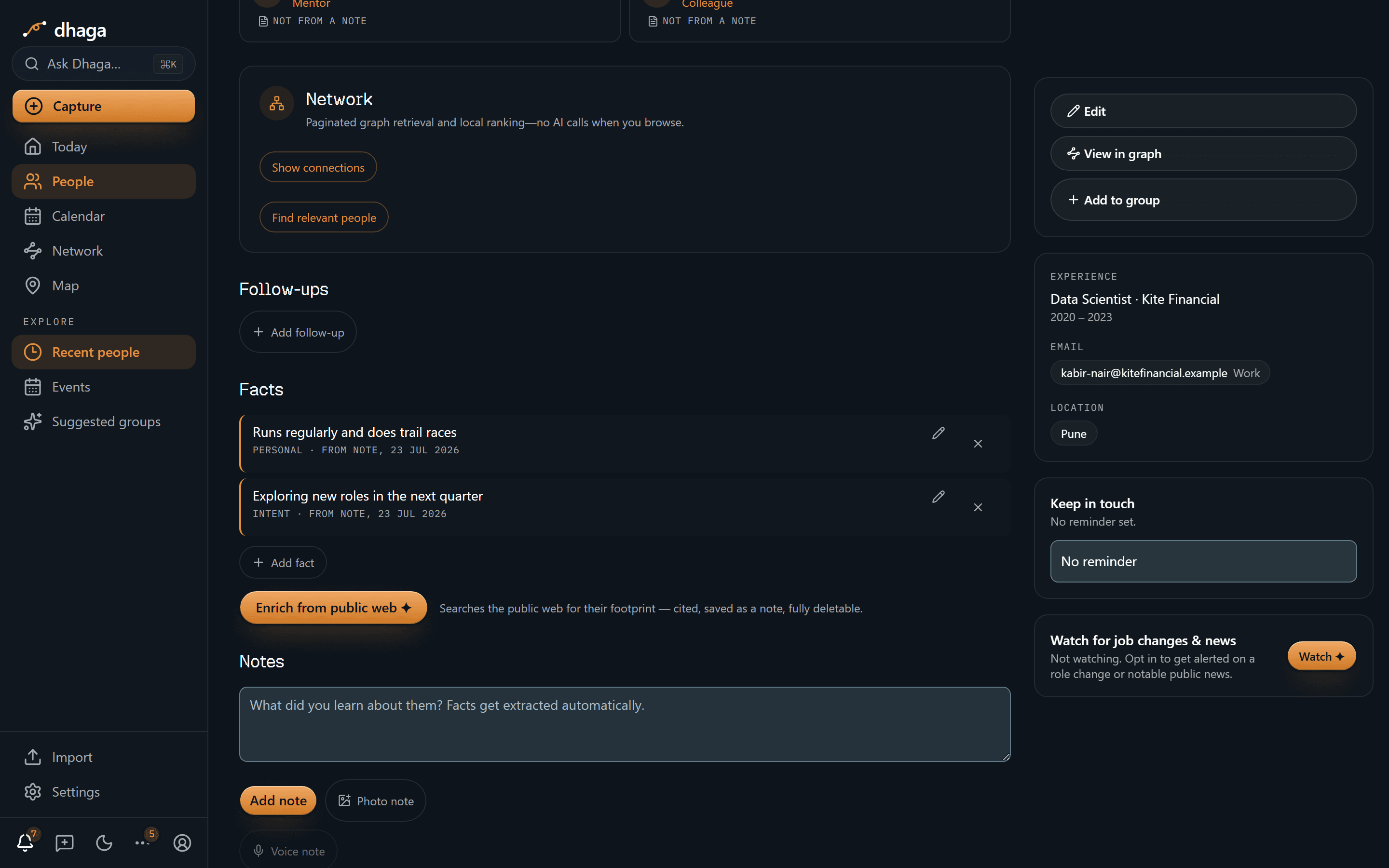 A person's profile with the amber Enrich from public web button and its caption explaining that findings are cited, saved as a note, and fully deletable