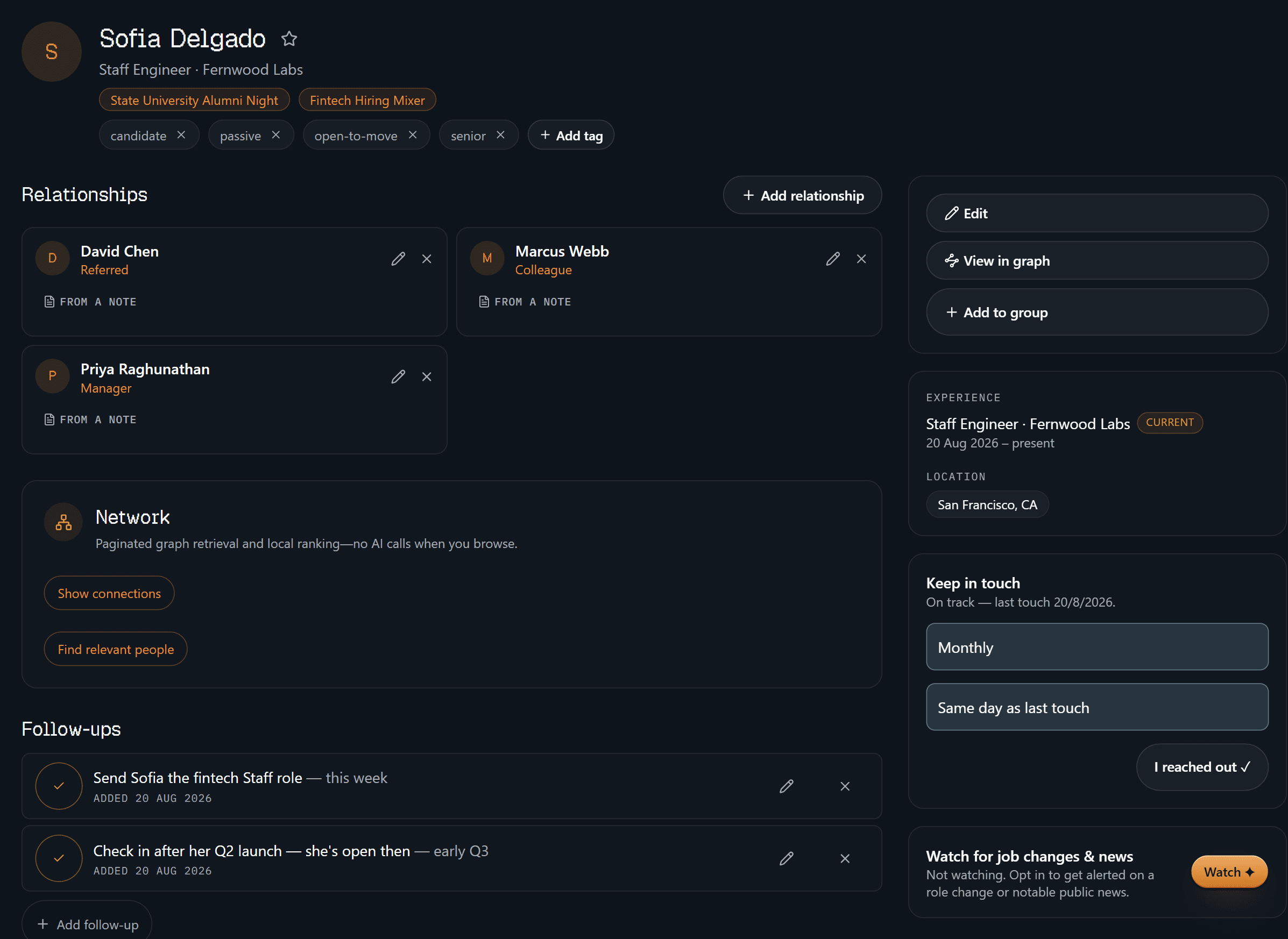 The top of Sofia's profile — how she's filed, who she's connected to and why, what you owe her, and the cadence you set.