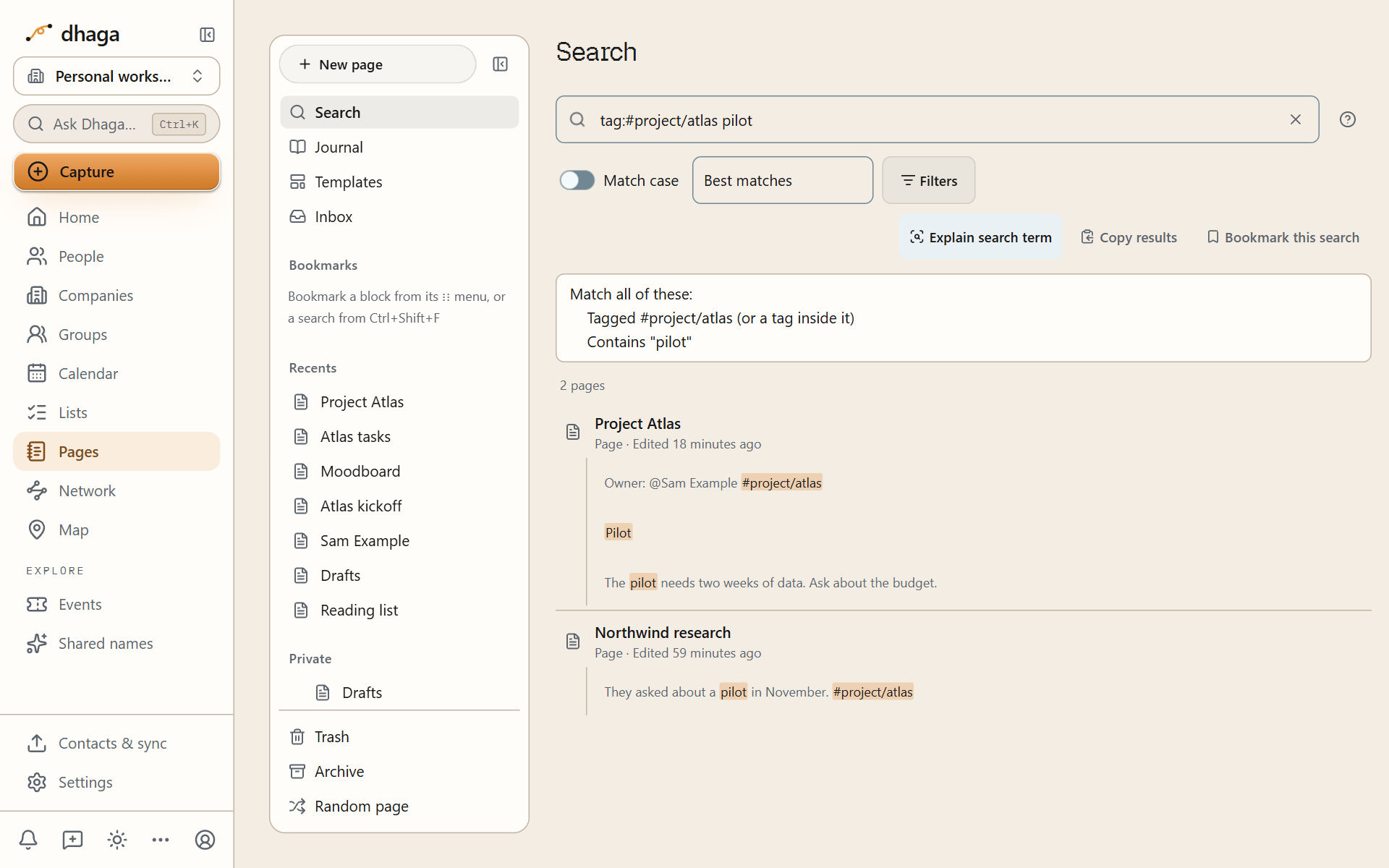 Full search with a tag operator, results with previews and the Explain panel
