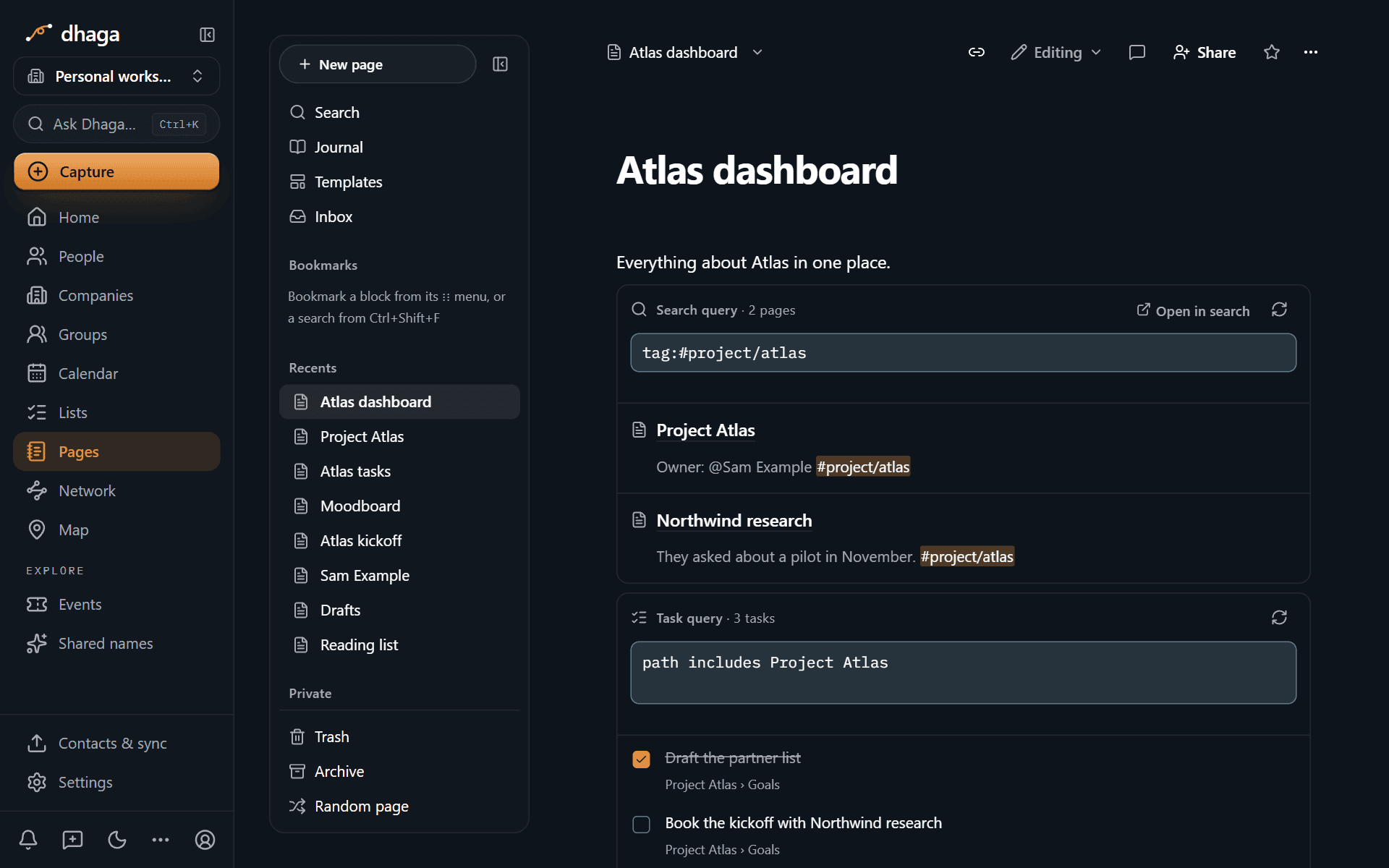 A query block and a task query block rendering live results on a page