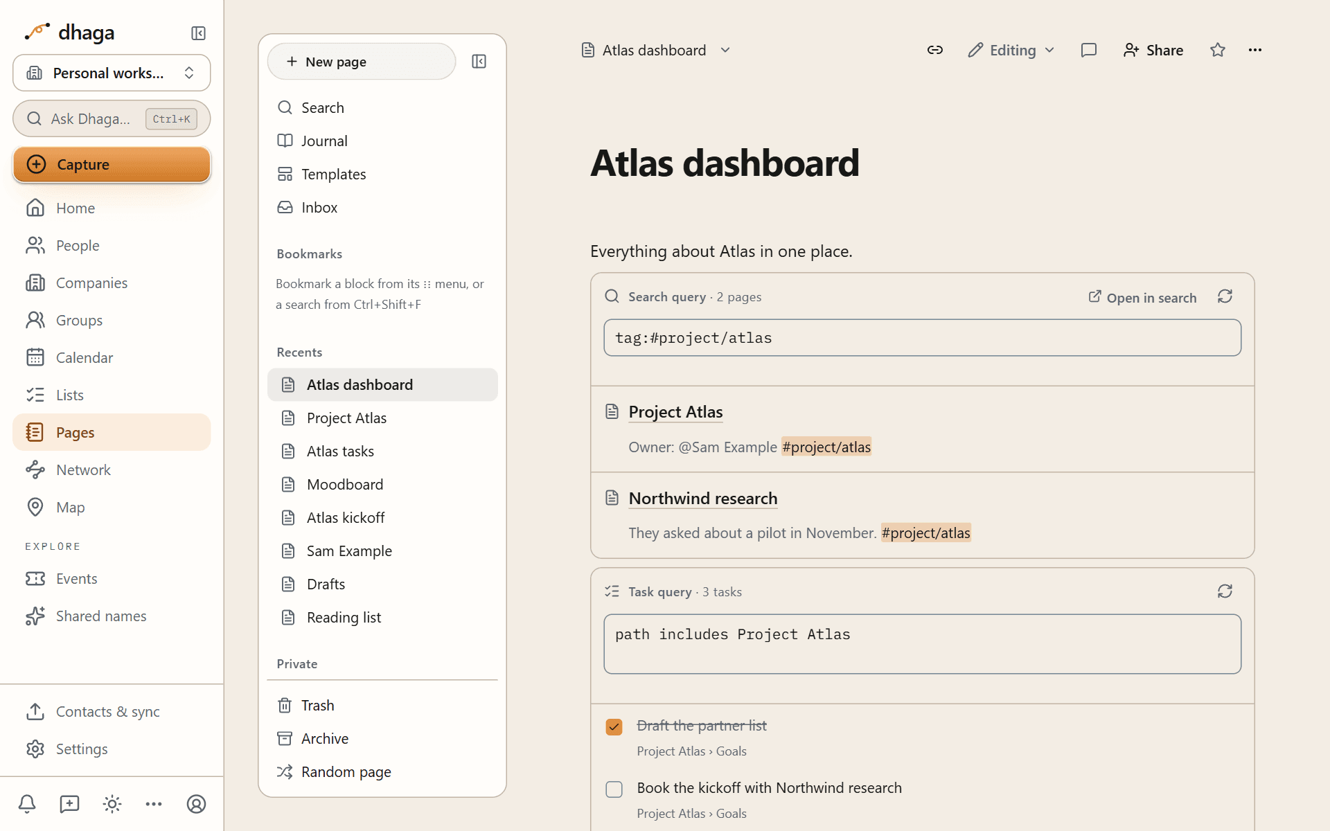 A query block and a task query block rendering live results on a page