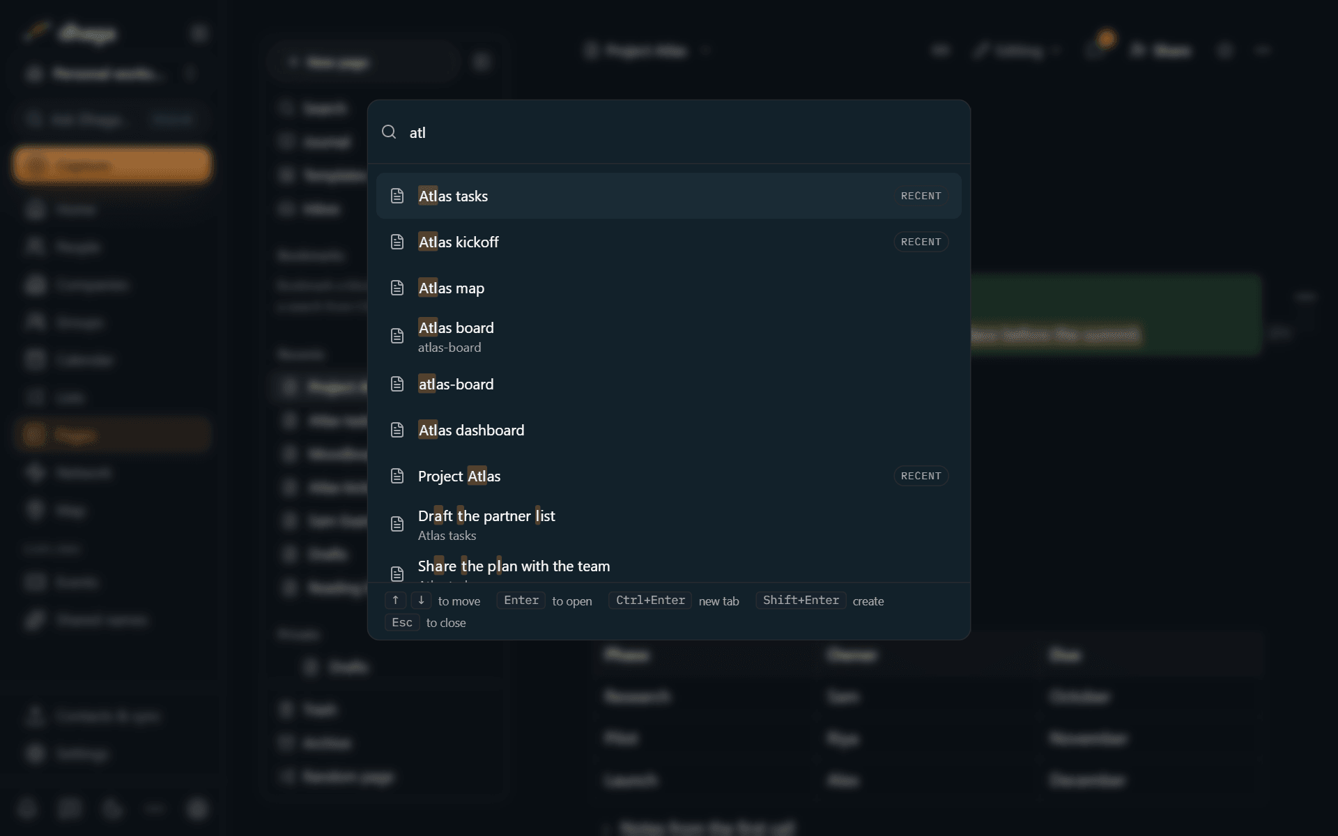 The quick switcher listing pages that match 'atl', recent pages first