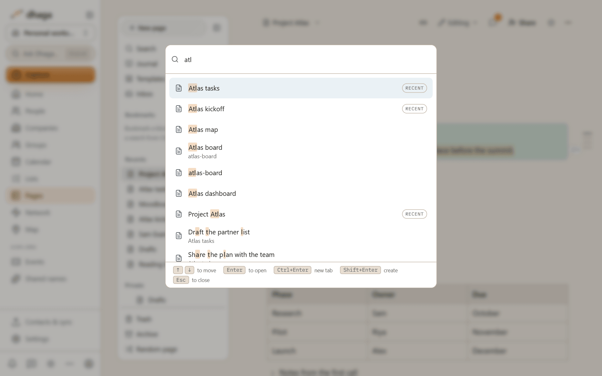 The quick switcher listing pages that match 'atl', recent pages first