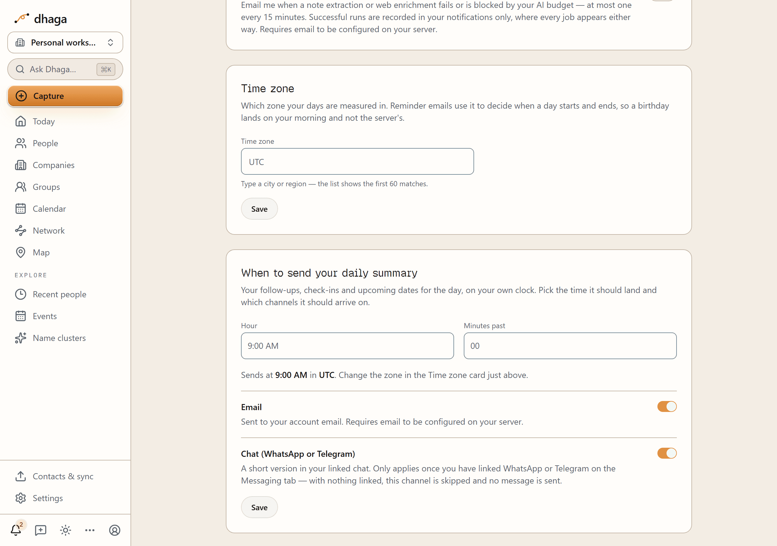 Settings → Suggestions showing the Time zone card above the "When to send your daily summary" card, with an Hour select reading 9:00 AM, a Minutes past select reading 00, the line "Sends at 9:00 AM in UTC", and Email and Chat delivery switches both on