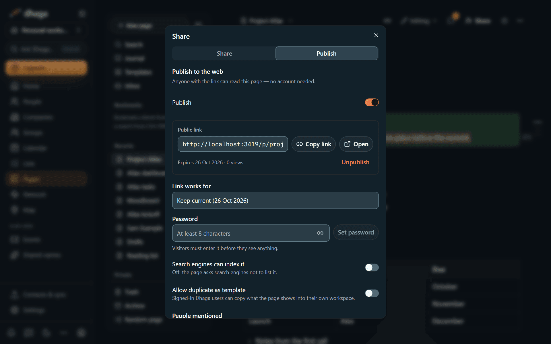 The Publish tab with expiry, password, indexing and the list of people mentioned