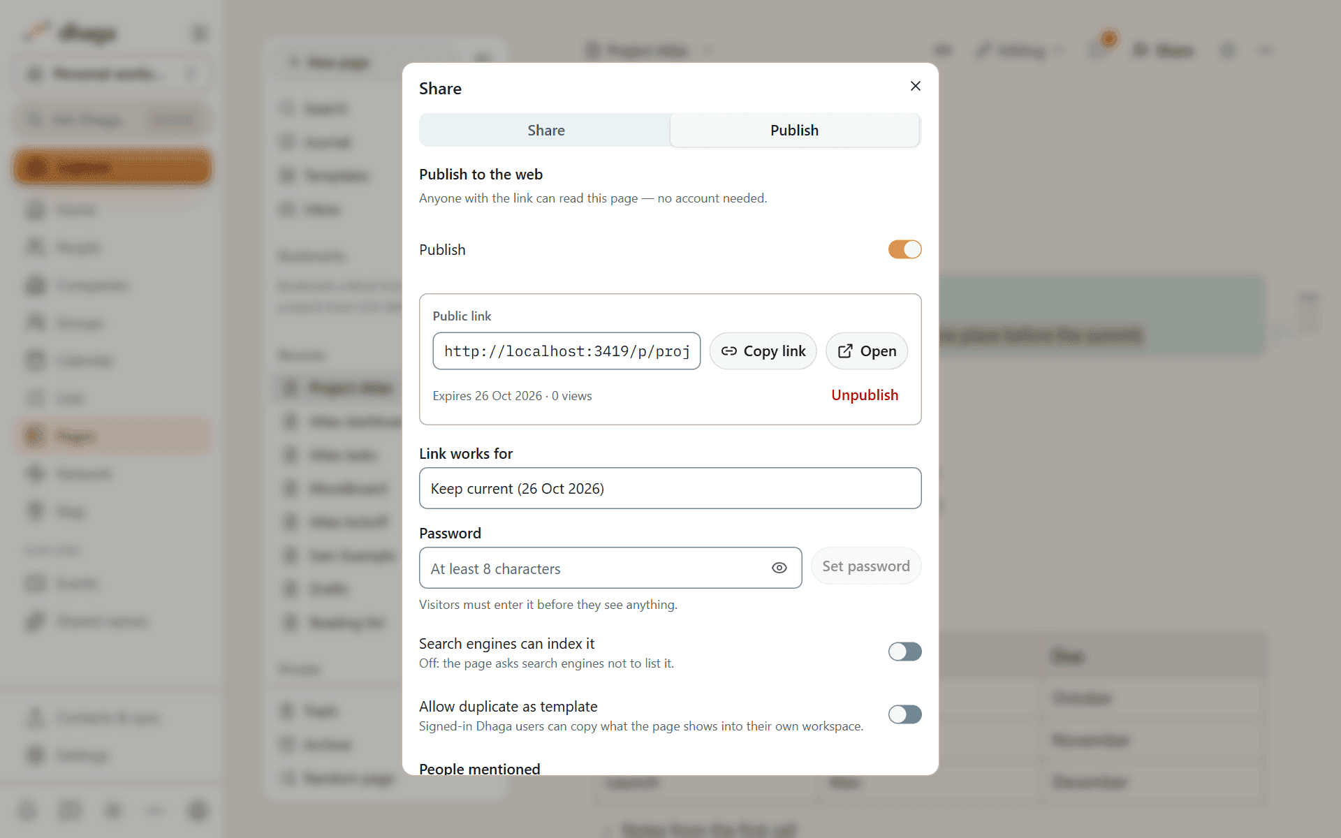 The Publish tab with expiry, password, indexing and the list of people mentioned