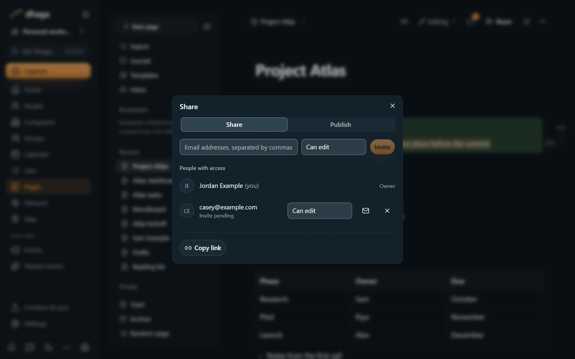 The Share dialog with the owner and a pending invite, each with their role