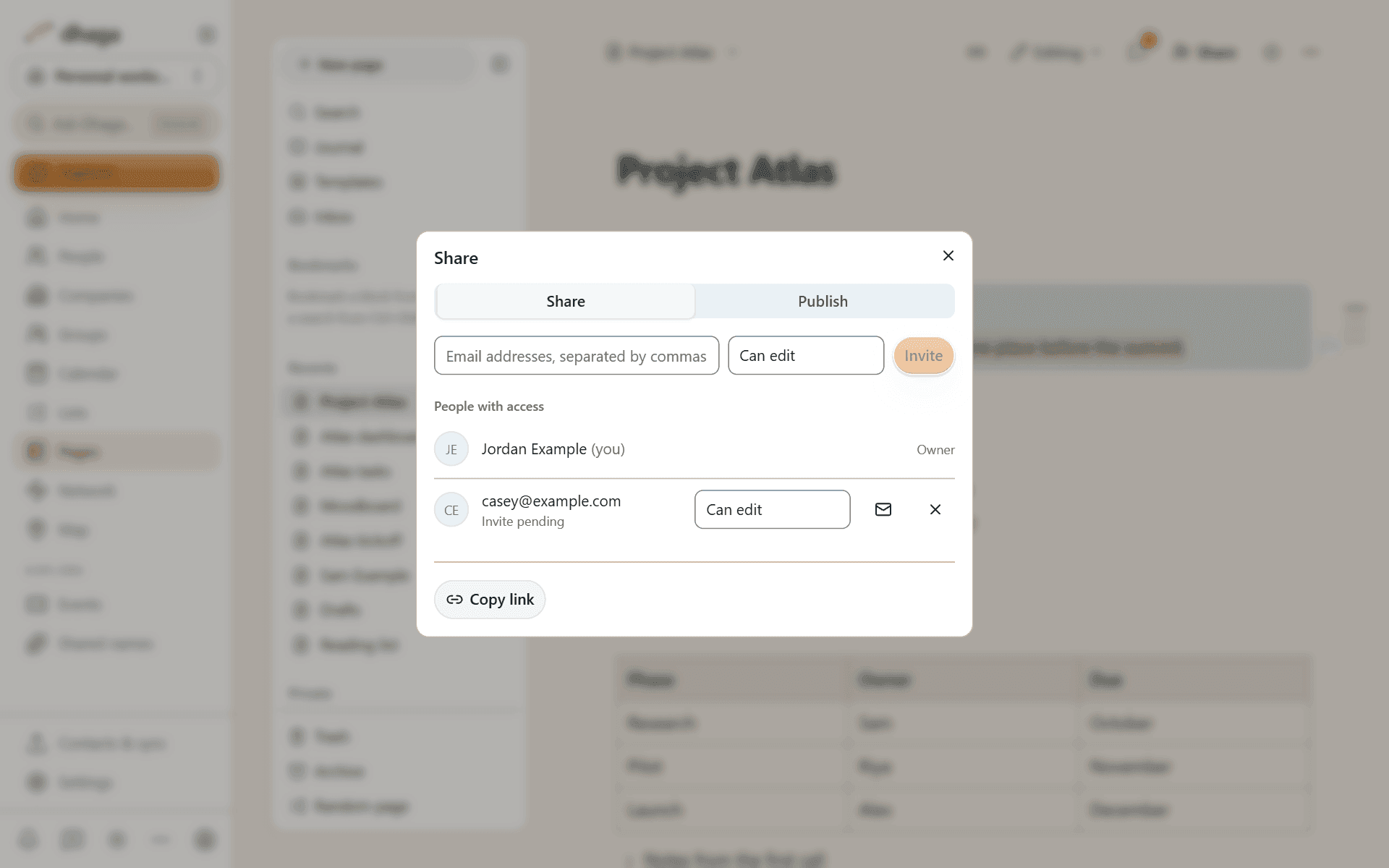 The Share dialog with the owner and a pending invite, each with their role