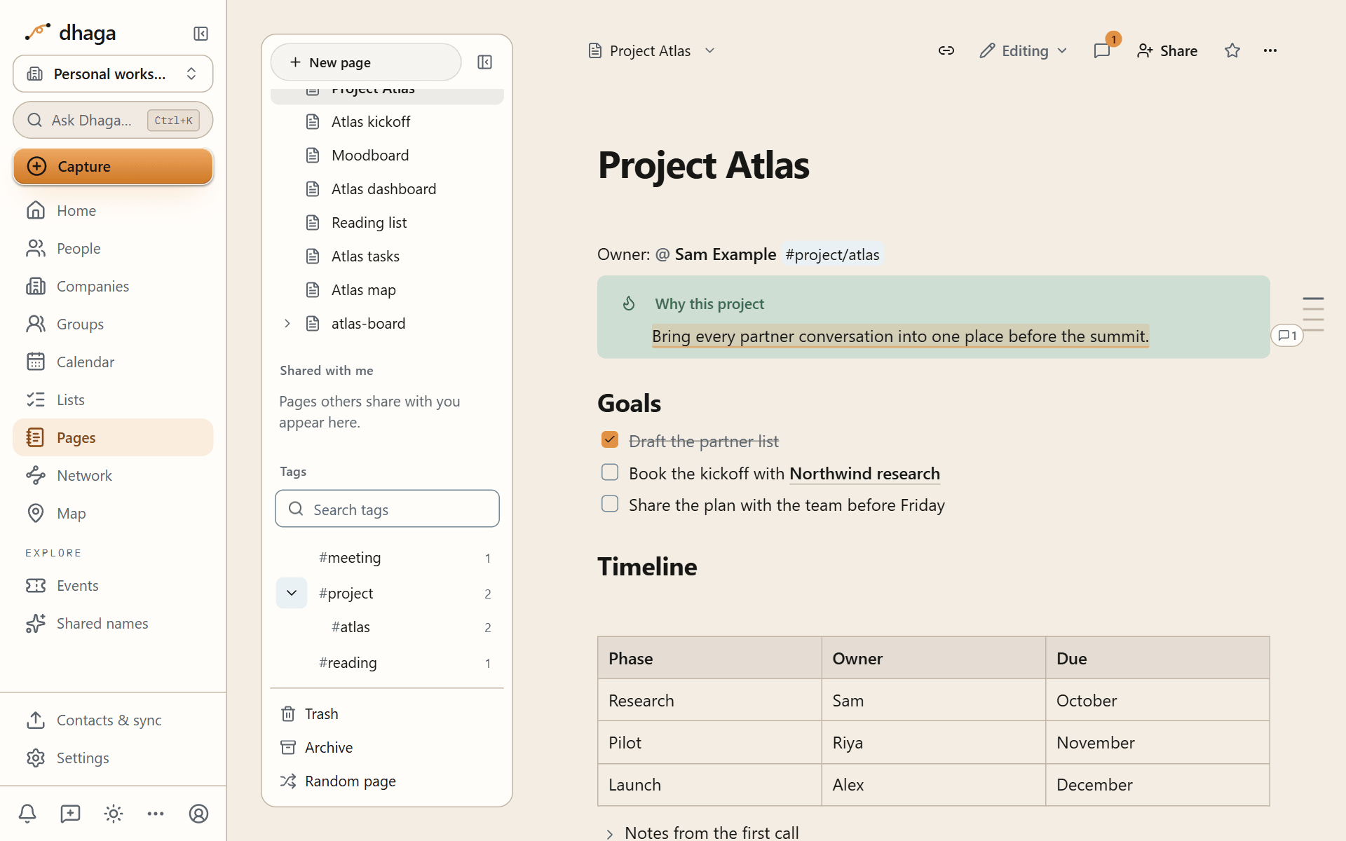 The tag pane listing nested tags with page counts
