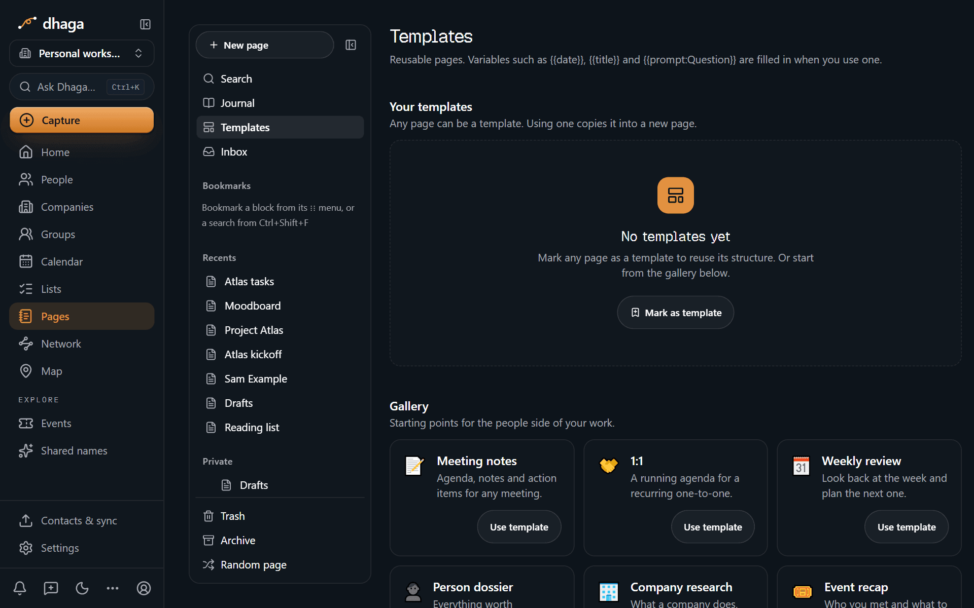 The Templates screen with your own templates (none yet) and the curated gallery